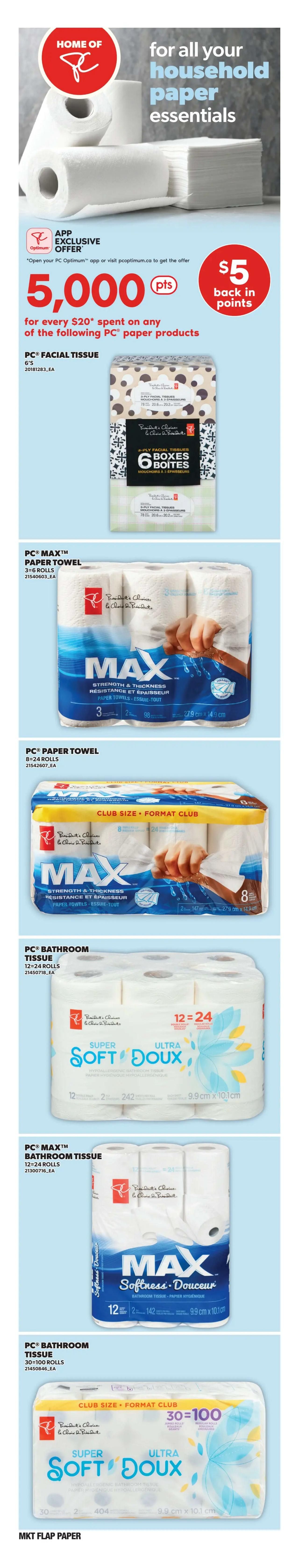 Zehrs weekly flyer specials page 14 features household paper essentials. Get $5 back in points for every $20 spent on select PC paper products. Available products include PC Facial Tissue 6 boxes, PC Max Paper Towel 3=6 rolls, PC Paper Towel Club Size 8=24 rolls, PC Bathroom Tissue 12=24 rolls, PC Max Bathroom Tissue 12=142 rolls, and PC Bathroom Tissue Club Size 30=100 rolls. The page highlights an app-exclusive offer for PC Optimum points.