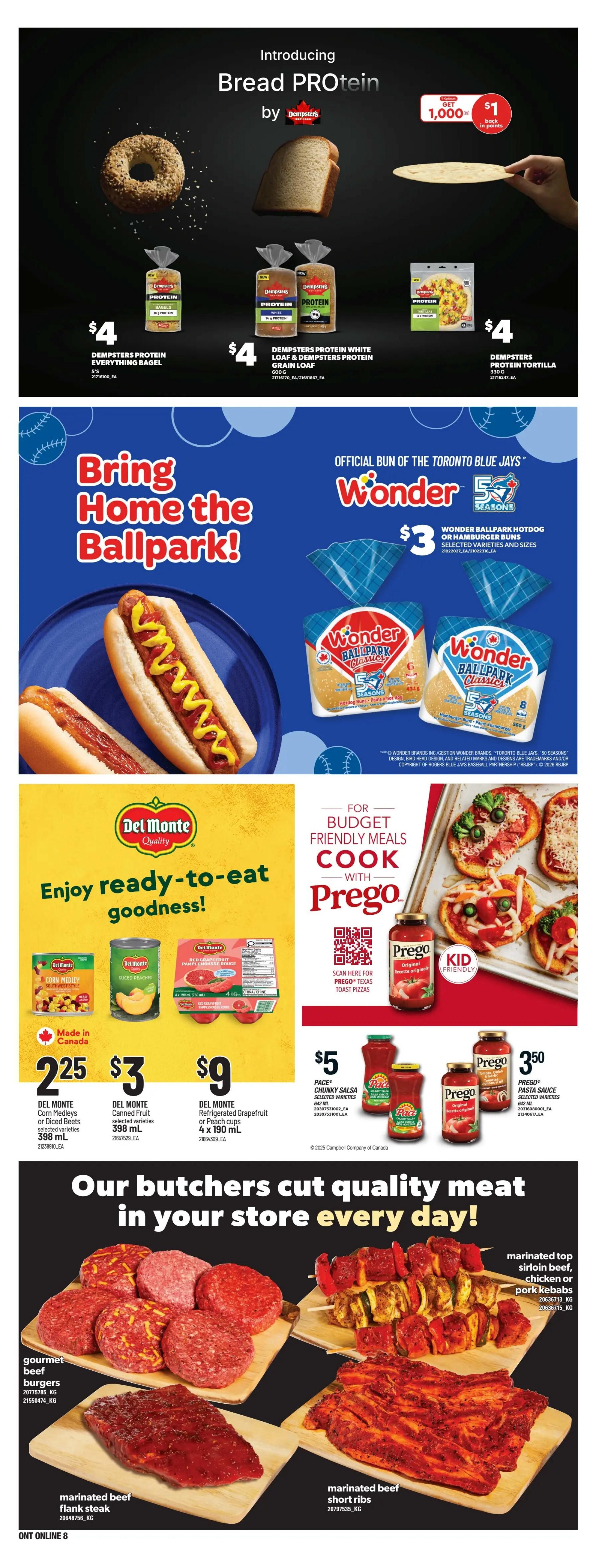 Zehrs weekly flyer specials page 20, featuring Dempsters Bread Protein products including Dempsters Protein Everything Bagel for $4, Dempsters Protein White Loaf & Dempsters Protein Grain Loaf for $4, and Dempsters Protein Tortilla for $4. Also introducing Wonder Ballpark Hotdog or Hamburger Buns for $3, official buns of the Toronto Blue Jays. Enjoy ready-to-eat goodness with Del Monte products: Del Monte Corn Medleys or Diced Beets for $2.25, Del Monte Canned Fruit selected varieties for $3, and Del Monte Refrigerated Grapefruit or Peach Cups 4 x 190 mL for $9. For budget-friendly meals, cook with Prego pasta sauce, including Prego Chunky Salsa selected varieties for $5 and Prego Pasta Sauce selected varieties for $3.50. The page also highlights quality meat cuts: gourmet beef burgers, marinated beef flank steak, marinated top sirloin beef, chicken or pork kebabs, and marinated beef short ribs.