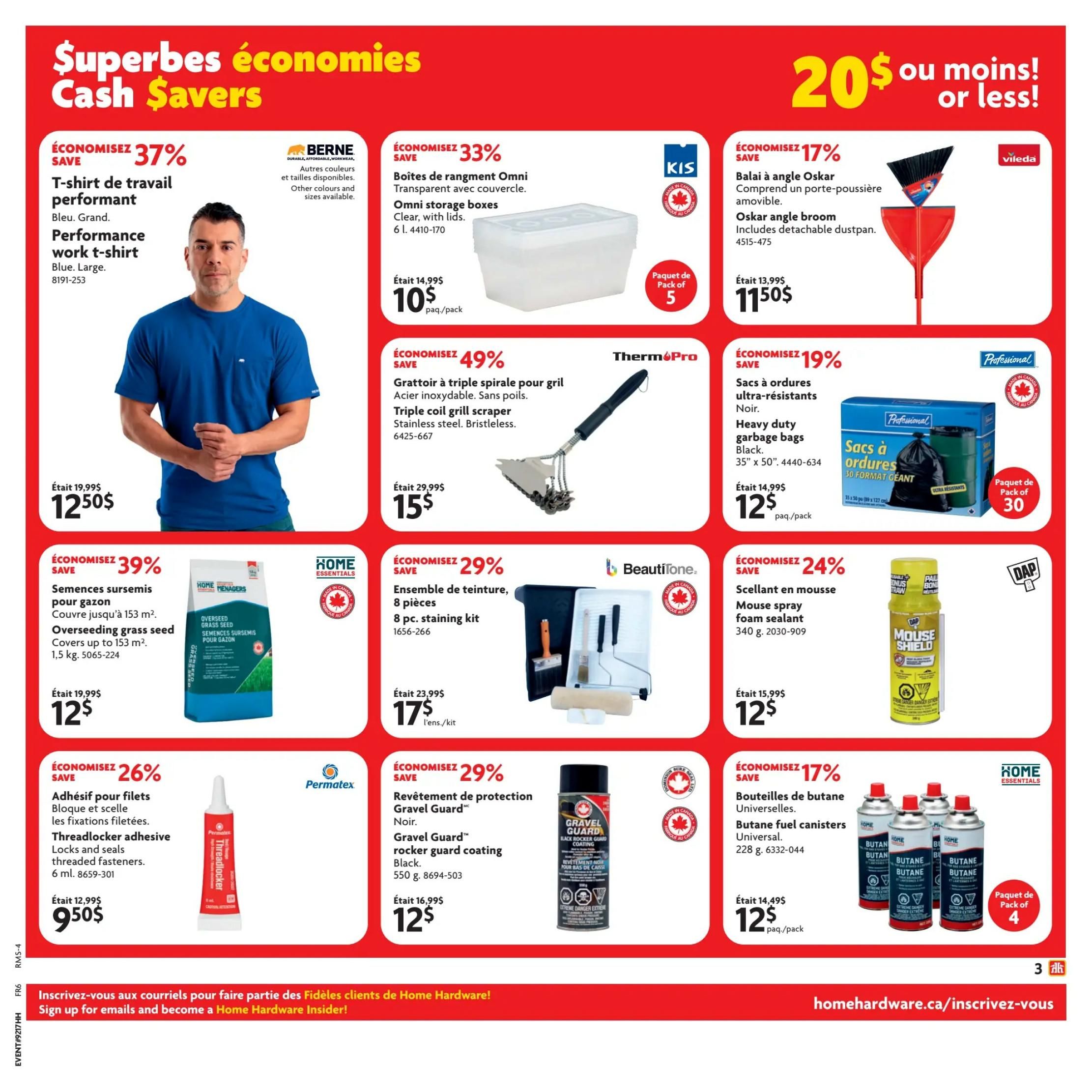 Home Hardware flyer page 4 featuring 'Superb Economies Cash Savers'. Top row includes: a Performance work t-shirt in blue, large, on sale for $12.50 (save 37%); Omni storage boxes, clear with lids, 6 L, pack of 5 for $10 (save 33%); and an Oskår angle broom with detachable dustpan, on sale for $11.50 (save 17%). Middle row features: Overseeding grass seed, covers up to 153 m², 1.5 kg, for $12 (save 39%); an 8 pc. staining kit for $17 (save 29%); heavy duty garbage bags, black, 35' x 50', pack of 30 for $12 (save 19%); and Mouse Shield foam sealant, 340 g, for $12 (save 24%). Bottom row includes: Threadlocker adhesive, locks and seals threaded fasteners, 6 ml, for $9.50 (save 26%); Gravel Guard black rocker guard coating, 550 g, for $12 (save 29%); and universal butane fuel canisters, 228 g, pack of 4 for $12 (save 17%). The bottom banner invites customers to sign up for emails to become a Home Hardware Insider.