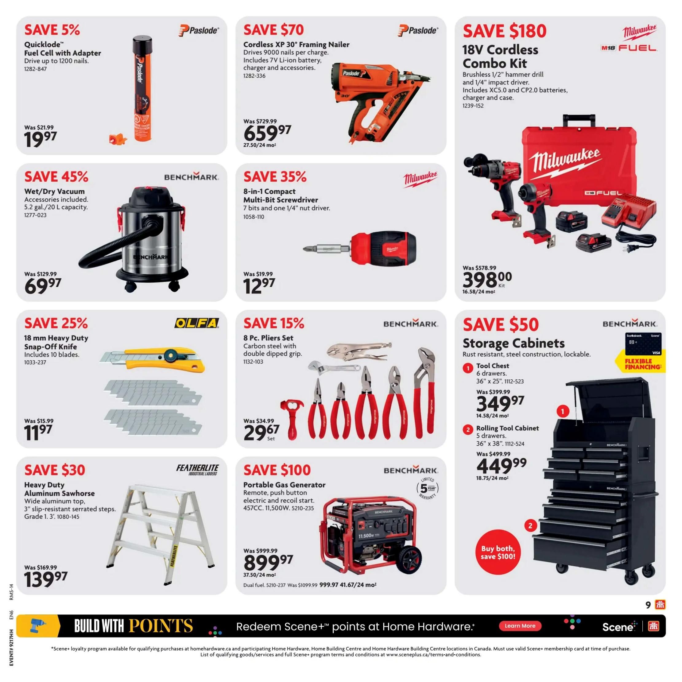 Home Hardware flyer specials page 15 featuring various tools and equipment. Save 5% on Paslode Quicklode Fuel Cell with Adapter for $19.97. Save $70 on a Paslode Cordless XP 30° Framing Nailer for $659.97. Save 45% on a Benchmark Wet/Dry Vacuum with 5.2 gal/20 L capacity for $69.97. Save 35% on a Milwaukee 8-in-1 Compact Multi-Bit Screwdriver for $12.97. Save $180 on a Milwaukee M18 FUEL 18V Cordless Combo Kit with brushless hammer drill and impact driver, including batteries and charger, for $398.00. Save 25% on an Olfa 18 mm Heavy Duty Snap-Off Knife with 10 blades for $11.97. Save 15% on a Benchmark 8 Pc. Pliers Set with carbon steel and double dipped grip for $29.67. Save $30 on a Featherlite Heavy Duty Aluminum Sawhorse with wide aluminum top and 3' slip-resistant serrated steps for $139.97. Save $100 on a Benchmark Portable Gas Generator with remote electric and recoil start, 457CC, 11,500W, for $899.97. Also featured are Benchmark Storage Cabinets: a Tool Chest with 6 drawers (36' x 25') for $349.97 and a Rolling Tool Cabinet with 5 drawers (36' x 38') for $449.99. Buy both storage cabinets and save $100. The page also promotes building with Scene+ points at Home Hardware.