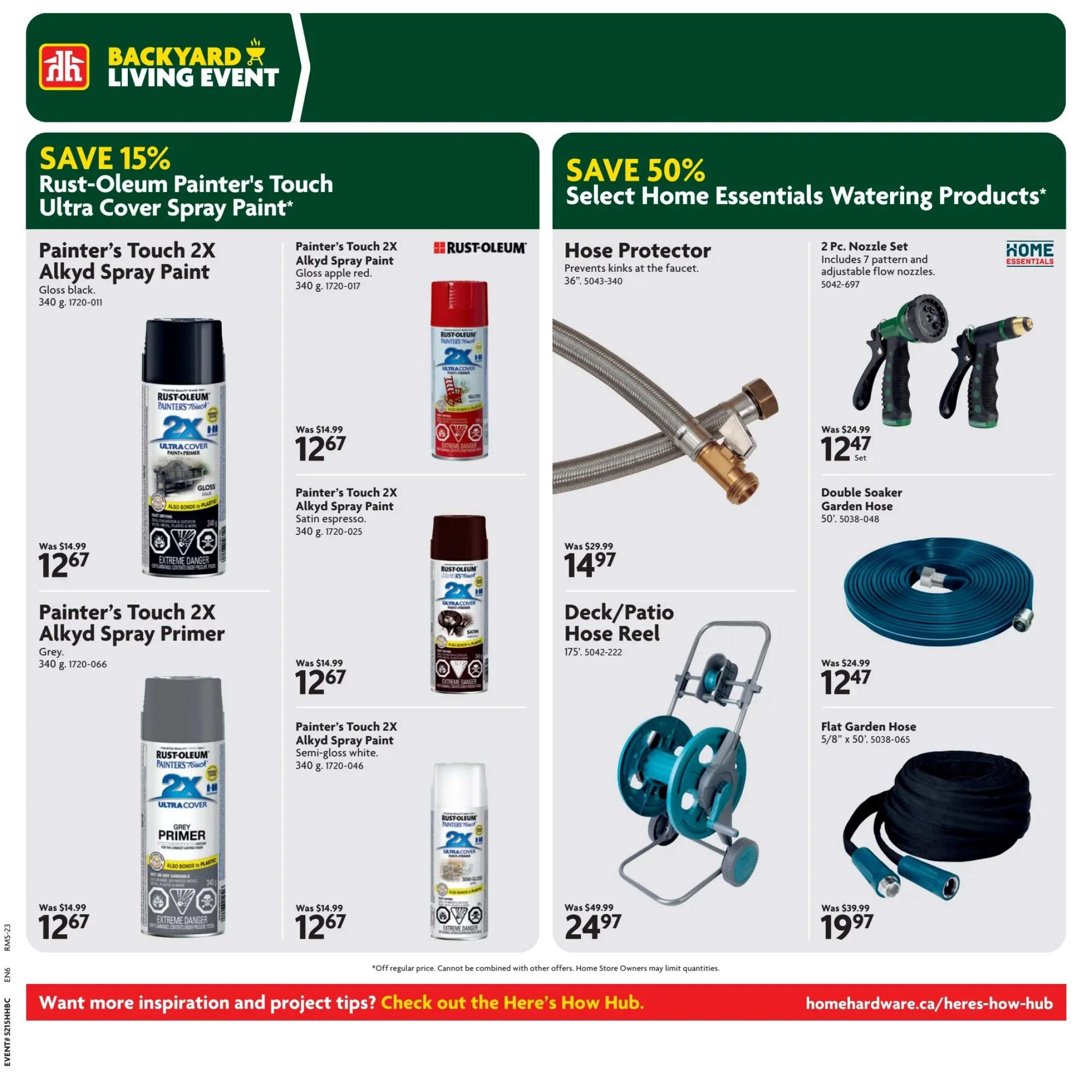 Home Hardware flyer page 23 featuring the Backyard Living Event. Save 15% on Rust-Oleum Painter's Touch Ultra Cover Spray Paint, including Painter's Touch 2X Alkyd Spray Paint in Gloss Black for $12.67 (was $14.99), Gloss Apple Red for $12.67 (was $14.99), Satin Espresso for $12.67 (was $14.99), and Semi-Gloss White for $12.67 (was $14.99). Also available is Painter's Touch 2X Alkyd Spray Primer in Grey for $12.67 (was $14.99). On the right side, save 50% on Select Home Essentials Watering Products. Features include a Hose Protector for $12.47 (was $29.99), a 2 Pc. Nozzle Set for $12.47 (was $24.99), a Deck/Patio Hose Reel for $24.97 (was $49.99), a Double Soaker Garden Hose for $12.47 (was $24.99), and a Flat Garden Hose 5/8' x 50' for $19.97 (was $39.99). Visit homehardware.ca/heres-how-hub for more inspiration.