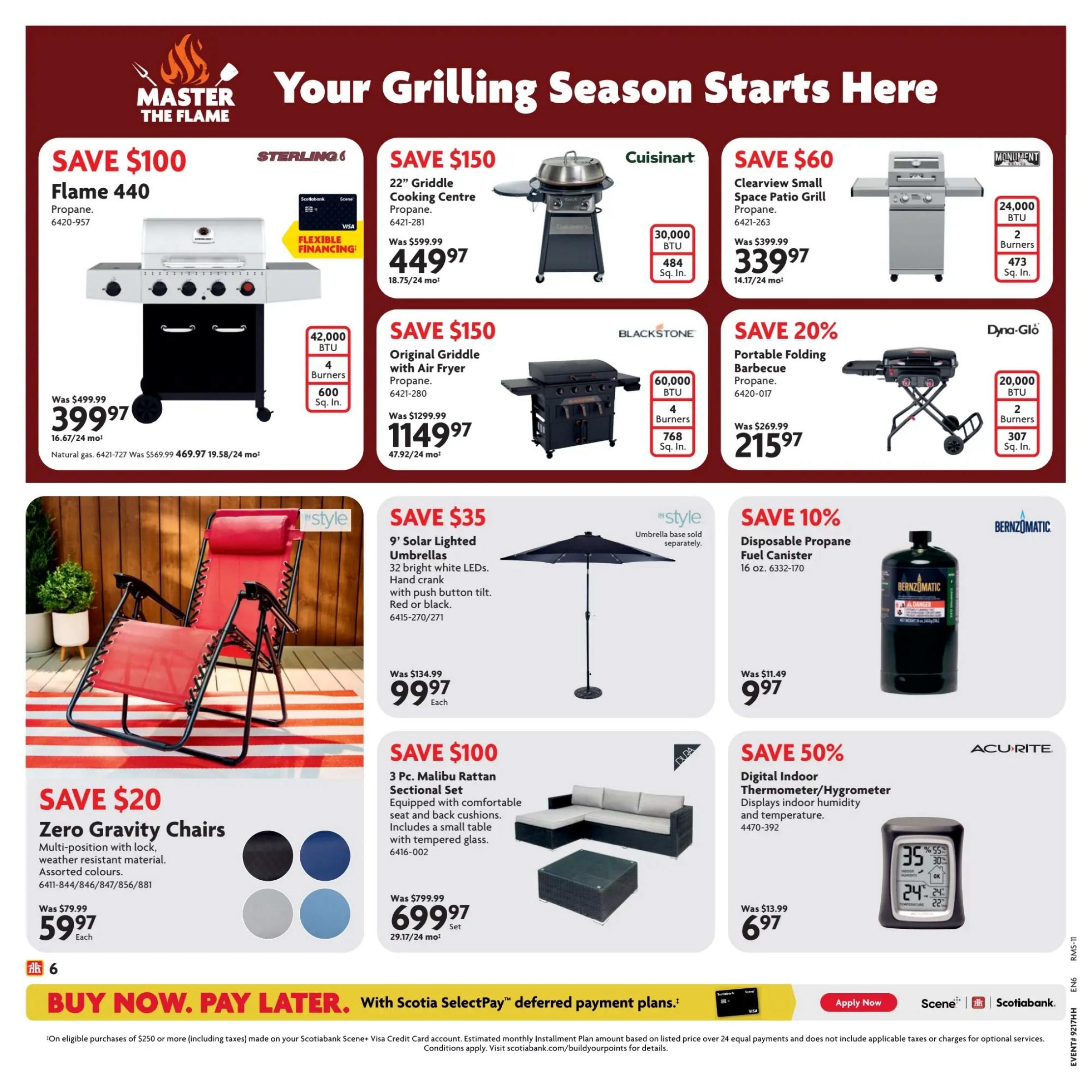 Home Hardware flyer page 8 features a selection of grills and outdoor living items. Save $100 on the Master the Flame Flame 440 Propane Grill, now $399.97. Save $150 on the Cuisinart 22' Griddle Cooking Centre Propane Grill for $449.97. The Monument Clearview Small Space Patio Grill is on sale for $339.97, saving $60. Save $150 on the Blackstone Original Griddle with Air Fryer Propane Grill, priced at $1149.97. The Dyna-Glo Portable Folding Barbecue Propane Grill is 20% off, selling for $215.97. Also available is a 9' Solar Lighted Umbrella in red or black for $99.97, saving $35. Save $100 on the 3 Pc. Malibu Rattan Sectional Set with a small table for $699.97. Save $20 on Zero Gravity Chairs in assorted colours for $59.97 each. Finally, save 50% on an Acu-Rite Digital Indoor Thermometer/Hygrometer for $6.97. The bottom of the page highlights a 'Buy Now, Pay Later' offer with Scotia SelectPay deferred payment plans.