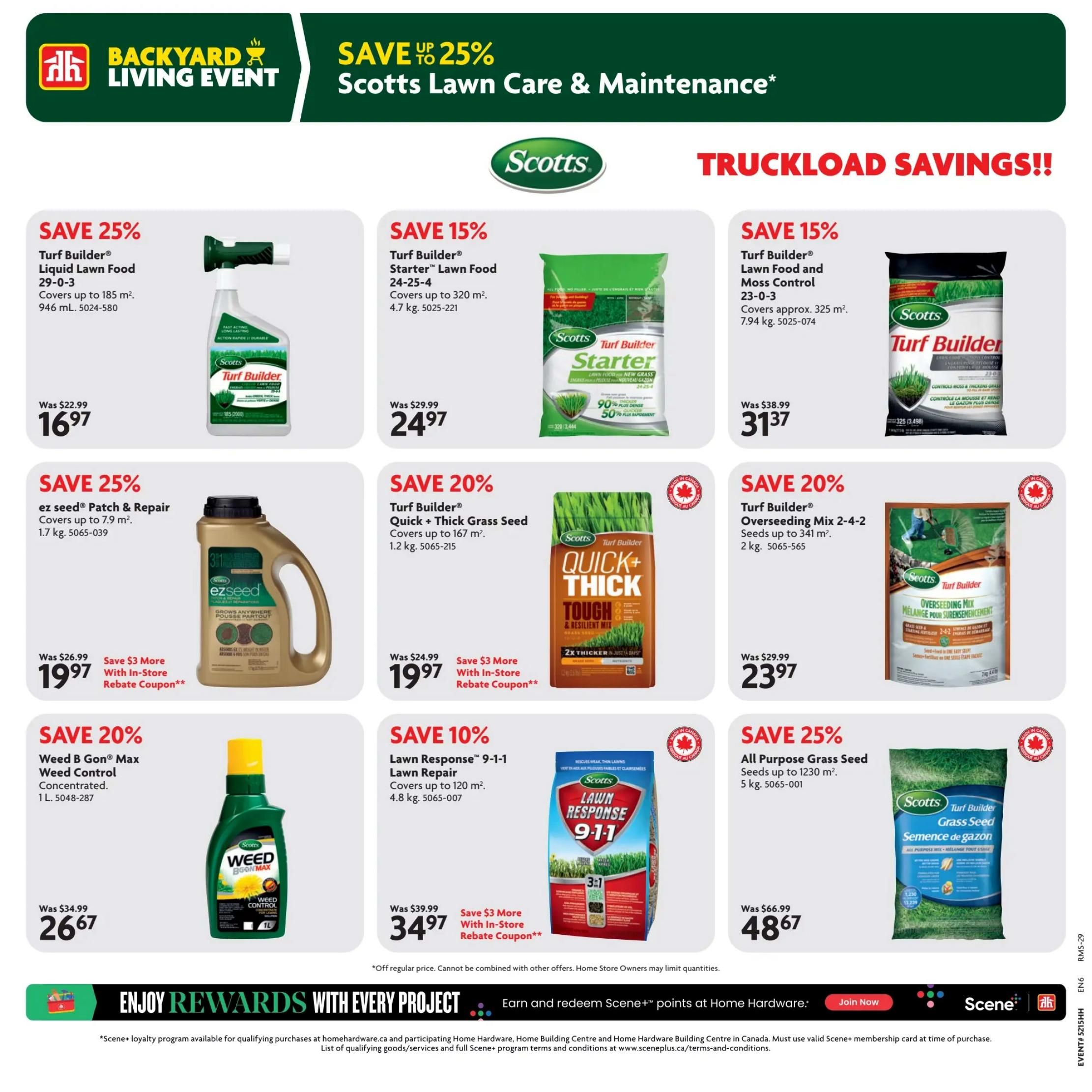 Home Hardware flyer page 11 features Scotts lawn care and maintenance products with savings up to 25%. Deals include: Save 25% on Scotts Turf Builder Liquid Lawn Food 29-0-3, now $16.97 (was $22.99). Save 15% on Scotts Turf Builder Starter Lawn Food 24-25-4, 4.7 kg, now $24.97 (was $29.99). Save 15% on Scotts Turf Builder Lawn Food and Moss Control 23-0-3, 7.94 kg, now $31.37 (was $38.99). Save 25% on ez seed Patch & Repair, 1.7 kg, now $19.97 with a $3 in-store rebate coupon (was $26.99). Save 20% on Scotts Turf Builder Quick + Thick Grass Seed, 1.2 kg, now $19.97 with a $3 in-store rebate coupon (was $24.99). Save 20% on Scotts Turf Builder Overseeding Mix 2-4-2, 2 kg, now $23.97 (was $29.99). Save 20% on Weed B Gon Max Weed Control Concentrated, 1 L, now $26.67 (was $34.99). Save 10% on Lawn Response 9-1-1 Lawn Repair, 4.8 kg, now $34.97 with a $3 in-store rebate coupon (was $39.99). Save 25% on All Purpose Grass Seed, 5 kg, now $48.67 (was $66.99). All offers are while quantities last. The page also promotes earning and redeeming Scene+ points at Home Hardware.