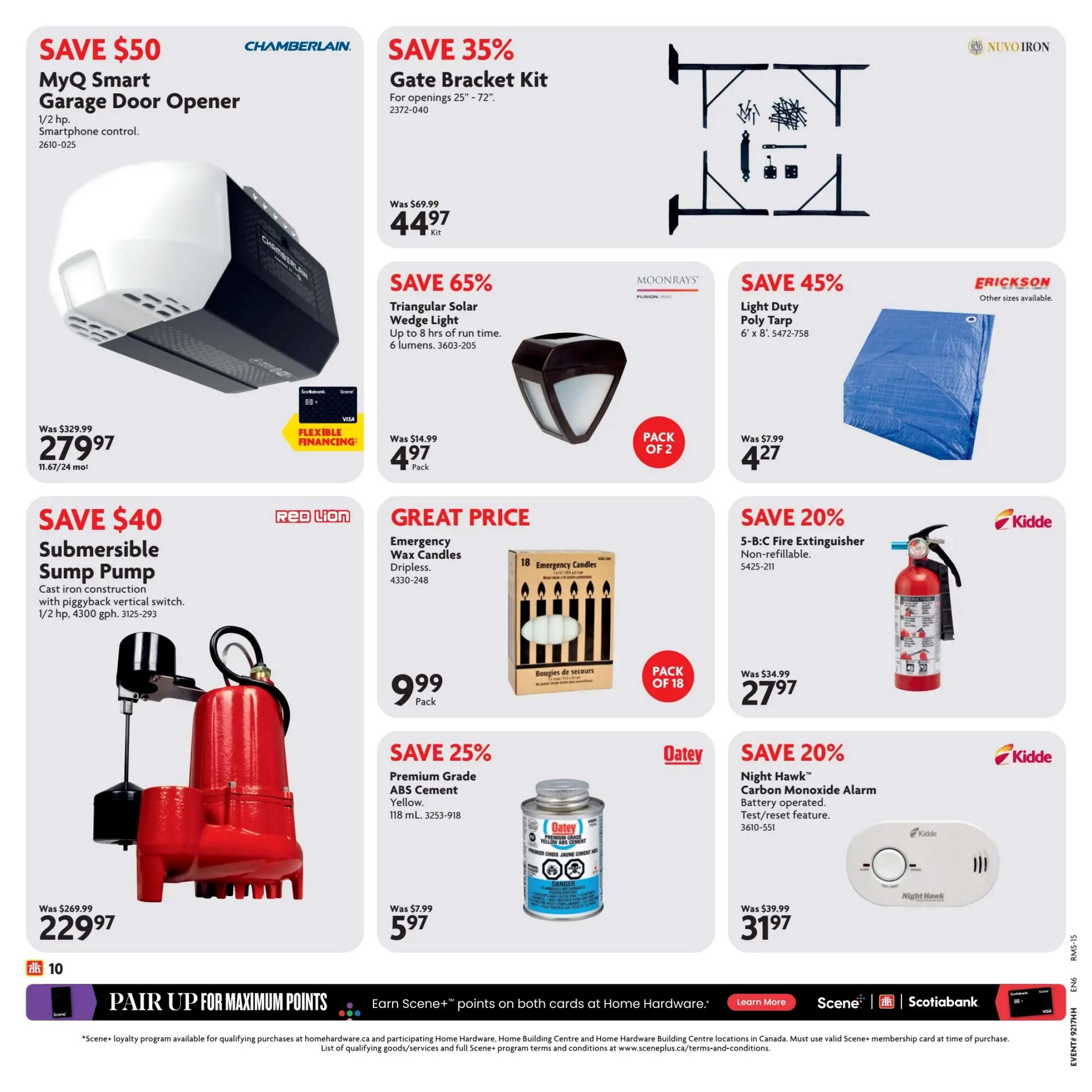 Home Hardware flyer page 17 featuring various home improvement and safety products. Save $50 on a Chamberlain MyQ Smart Garage Door Opener, 1/2 hp, with smartphone control, now $279.97. Save 35% on a Gate Bracket Kit for openings 25' - 72', now $44.97. Save 65% on a Moonrays Triangular Solar Wedge Light with up to 8 hours of run time and 6 lumens, now $4.97 per pack. Save 45% on an Erickson Light Duty Poly Tarp, 6' x 8', now $4.27. Save $40 on a Red Lion Submersible Sump Pump with cast iron construction, 1/2 hp, 4300 gph, now $229.97. Great Price on Emergency Wax Candles, dripless, 18 per pack, now $9.99. Save 25% on Oatey Premium Grade ABS Cement, yellow, 118 mL, now $5.97. Save 20% on a Kidde 5-B:C Fire Extinguisher, non-refillable, now $27.97. Save 20% on a Kidde Night Hawk Carbon Monoxide Alarm, battery operated with test/reset feature, now $31.97. The bottom banner promotes earning Scene+ points on both cards at Home Hardware, with options to Learn More and details about Scotiabank.