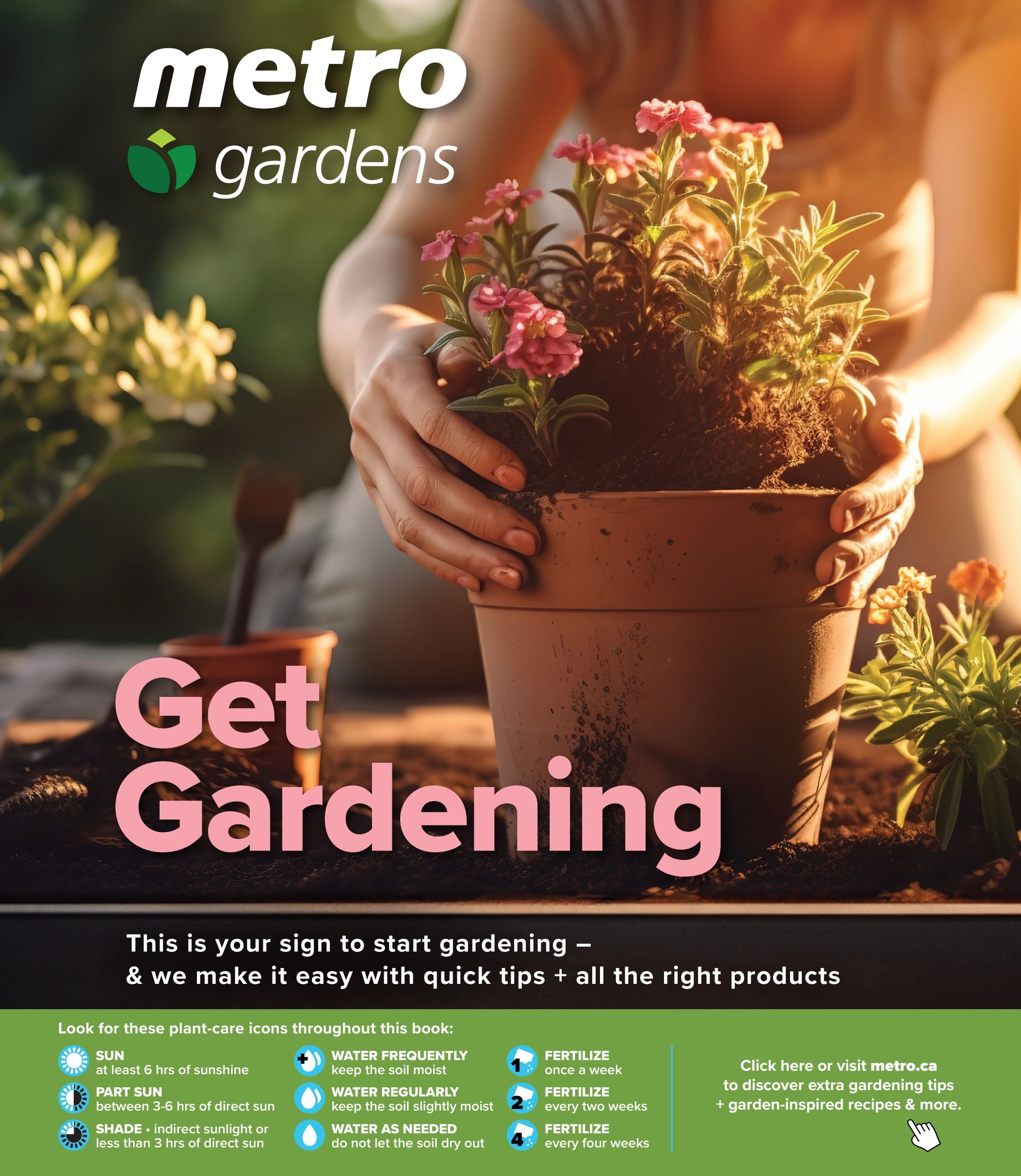 Metro Gardens flyer cover page with the title 'Get Gardening'. The page features a close-up of hands planting a pink-flowered plant in a terracotta pot. Below the image, it reads 'This is your sign to start gardening - & we make it easy with quick tips + all the right products'. A green section at the bottom explains plant-care icons: SUN (at least 6 hrs of sunshine), PART SUN (between 3-6 hrs of direct sun), SHADE (indirect sunlight or less than 3 hrs of direct sun), WATER FREQUENTLY (keep soil moist), WATER REGULARLY (keep soil slightly moist), WATER AS NEEDED (do not let soil dry out), and FERTILIZE (once a week, every two weeks, or every four weeks). It also directs readers to metro.ca for extra gardening tips and recipes.