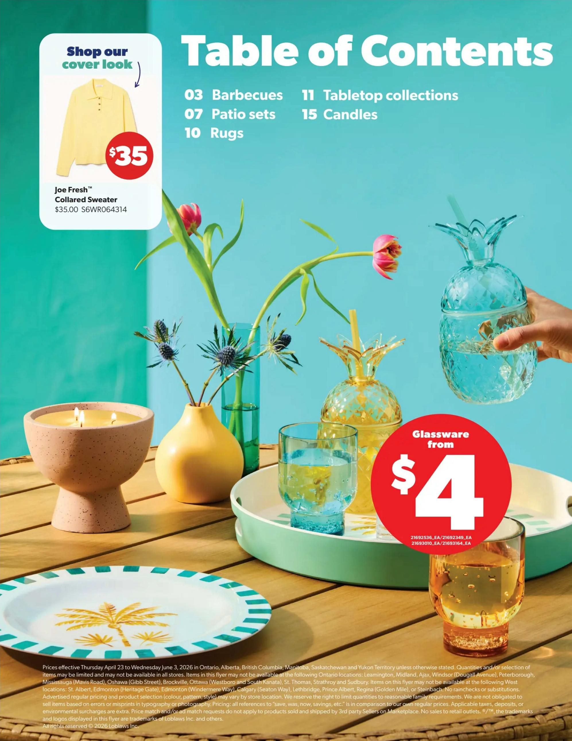 Real Canadian Superstore flyer page 2, featuring a Table of Contents. The cover look highlights a Joe Fresh Collared Sweater for $35.00. The Table of Contents lists sections for Barbecues (page 03), Patio sets (page 07), Rugs (page 10), Tabletop collections (page 11), and Candles (page 15). The page also showcases glassware starting from $4, including decorative pineapple-shaped glasses and tumblers, along with a palm tree-themed plate.