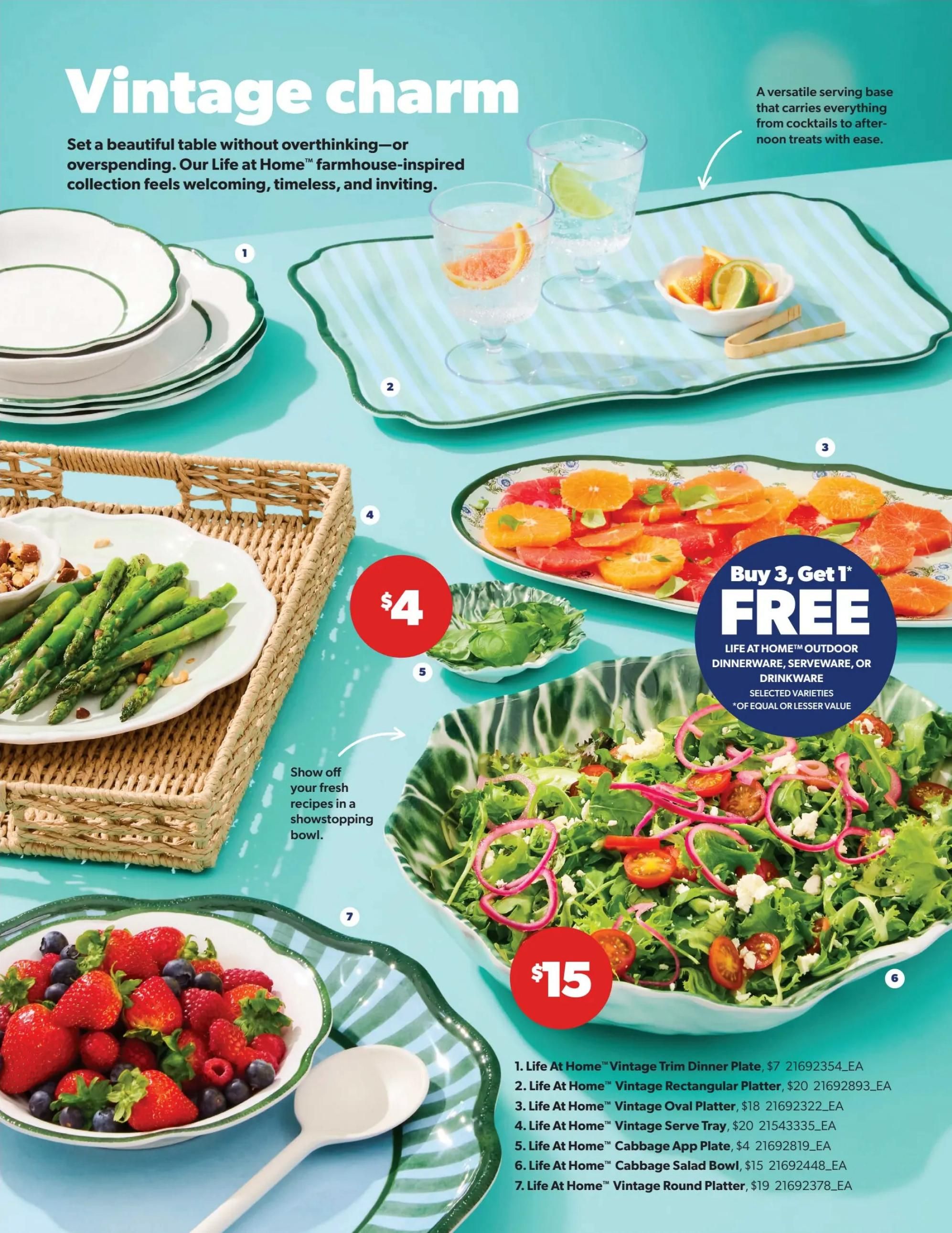 Real Canadian Superstore flyer page featuring the Life at Home™ farmhouse-inspired collection for spring. The page showcases various serving dishes and tableware with a vintage charm. Items include: Life at Home™ Vintage Trim Dinner Plate for $7, Life at Home™ Vintage Rectangular Platter for $20, Life at Home™ Vintage Oval Platter for $18, Life at Home™ Vintage Serve Tray for $20, Life at Home™ Cabbage App Plate for $4, Life at Home™ Cabbage Salad Bowl for $15, and Life at Home™ Vintage Round Platter for $19. There is a special offer: Buy 3, Get 1 FREE on Life at Home™ Outdoor Dinnerware, Serveware, or Drinkware, selected varieties of equal or lesser value. The page also displays a salad in a large green patterned bowl priced at $15, and a bowl of strawberries and blueberries with a serving spoon.