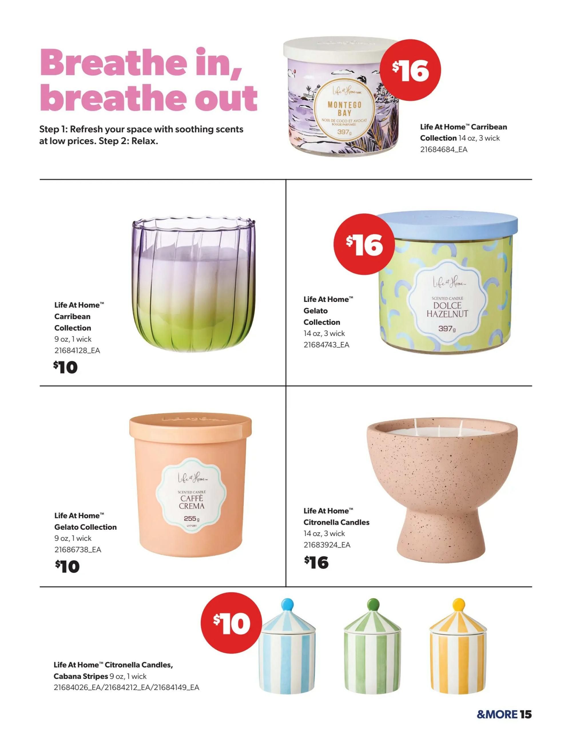 Real Canadian Superstore flyer, Page 15. Features a selection of Life At Home candles. Top row: Life At Home Montego Bay Caribbean Collection candle, 397g, priced at $16. Life At Home Caribbean Collection candle, 9 oz, 1 wick, priced at $10. Middle row: Life At Home Gelato Collection candle, 14 oz, 3 wick, priced at $16. Life At Home Gelato Collection candle, 9 oz, 1 wick, priced at $10. Life At Home Citronella Candles, 14 oz, 3 wick, priced at $16. Bottom row: Life At Home Citronella Candles, Cabana Stripes, 9 oz, 1 wick, priced at $10. The page also features a large pink text 'Breathe in, breathe out' with a subtitle 'Step 1: Refresh your space with soothing scents at low prices. Step 2: Relax.