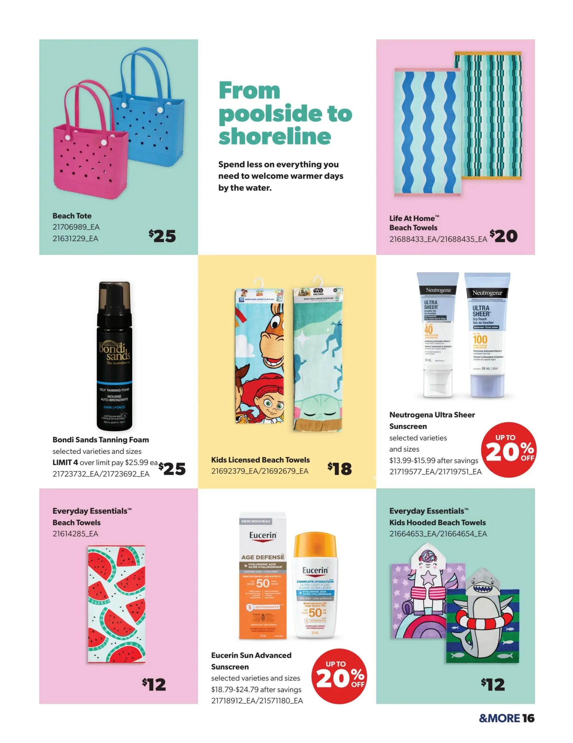 Real Canadian Superstore Spring Deals flyer, page 16. Features a 'From poolside to shoreline' theme. Offers include Beach Totes for $25, Life At Home Beach Towels for $20, and Bondi Sands Tanning Foam for $25 with a limit of 4 over $25. Also available are Kids Licensed Beach Towels featuring characters from Toy Story and Star Wars for $18, Everyday Essentials Beach Towels with a watermelon design for $12, Eucerin Sun Advanced Sunscreen with up to 20% off savings ranging from $18.79-$24.79, and Everyday Essentials Kids Hooded Beach Towels for $12.
