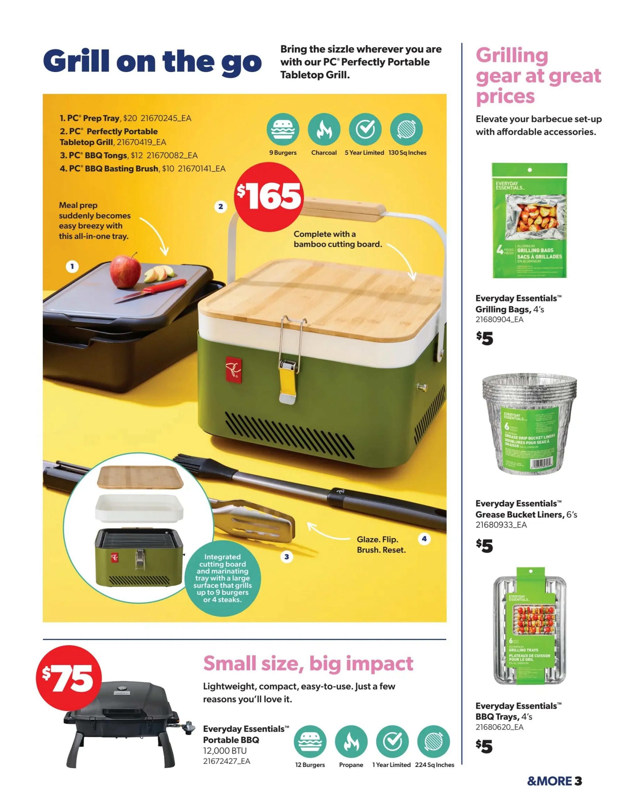 Real Canadian Superstore flyer, page 3, featuring 'Grill on the go' and 'Grilling gear at great prices'. The main item is the PC Perfectly Portable Tabletop Grill for $165, which includes a bamboo cutting board and can grill up to 9 burgers or 4 steaks. Accessories shown are the PC Prep Tray for $20, PC BBQ Tongs for $12, and PC BBQ Basting Brush for $10. Also featured is the Everyday Essentials Portable BBQ for $75, with 12,000 BTU, propane fuel, a 1-year limited warranty, and a 224 sq inch grilling surface. Additional Everyday Essentials grilling accessories include Grilling Bags, 4's for $5, Grease Bucket Liners, 6's for $5, and BBQ Trays, 4's for $5.