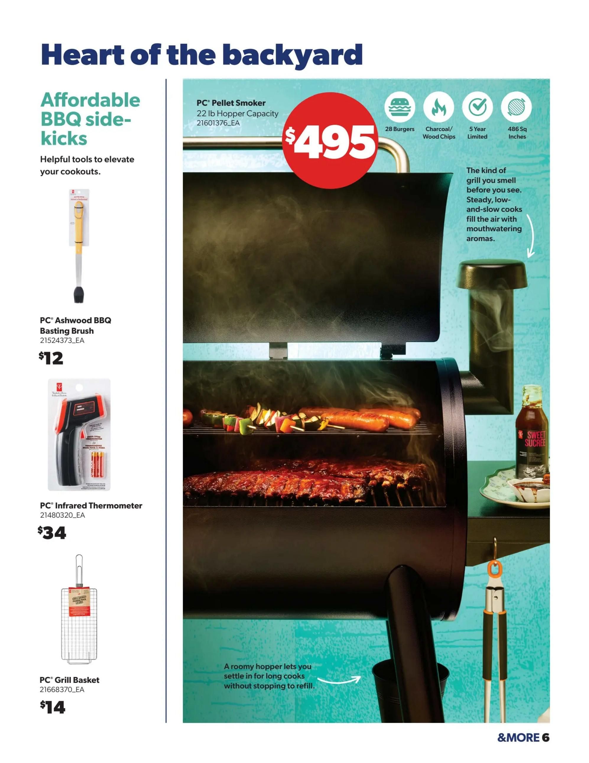 Real Canadian Superstore flyer page 6 features the PC Pellet Smoker for $495, with a 22 lb hopper capacity, suitable for 28 burgers, and uses charcoal/wood chips. It includes a 5-year limited warranty and 486 sq inches of cooking space. The page also highlights affordable BBQ side-kicks: a PC Ashwood BBQ Basting Brush for $12, a PC Infrared Thermometer for $34, and a PC Grill Basket for $14. The main image showcases ribs and skewers cooking in the smoker, with text describing the smoker's ability to produce mouthwatering aromas and its roomy hopper for long cooks.