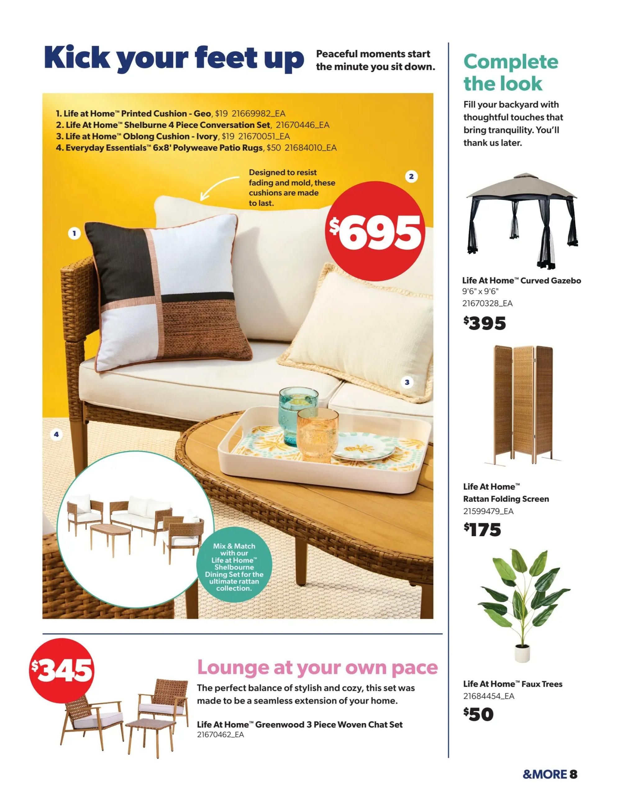 Real Canadian Superstore flyer page 8 features outdoor living items. A large section showcases patio furniture with a 'Kick your feet up' theme. Featured items include Life At Home Printed Cushion - Geo for $19, Life At Home Shelburne 4 Piece Conversation Set, Life At Home Oblong Cushion - Ivory for $19, and Everyday Essentials 6x8 Polyweave Patio Rugs for $50. A large red circle highlights a price of $695 for an unlisted item, possibly a patio set. Another section, 'Complete the look', offers a Life At Home Curved Gazebo for $395, a Life At Home Rattan Folding Screen for $175, and Life At Home Faux Trees for $50. The 'Lounge at your own pace' section displays a Life At Home Greenwood 3 Piece Woven Chat Set for $345.