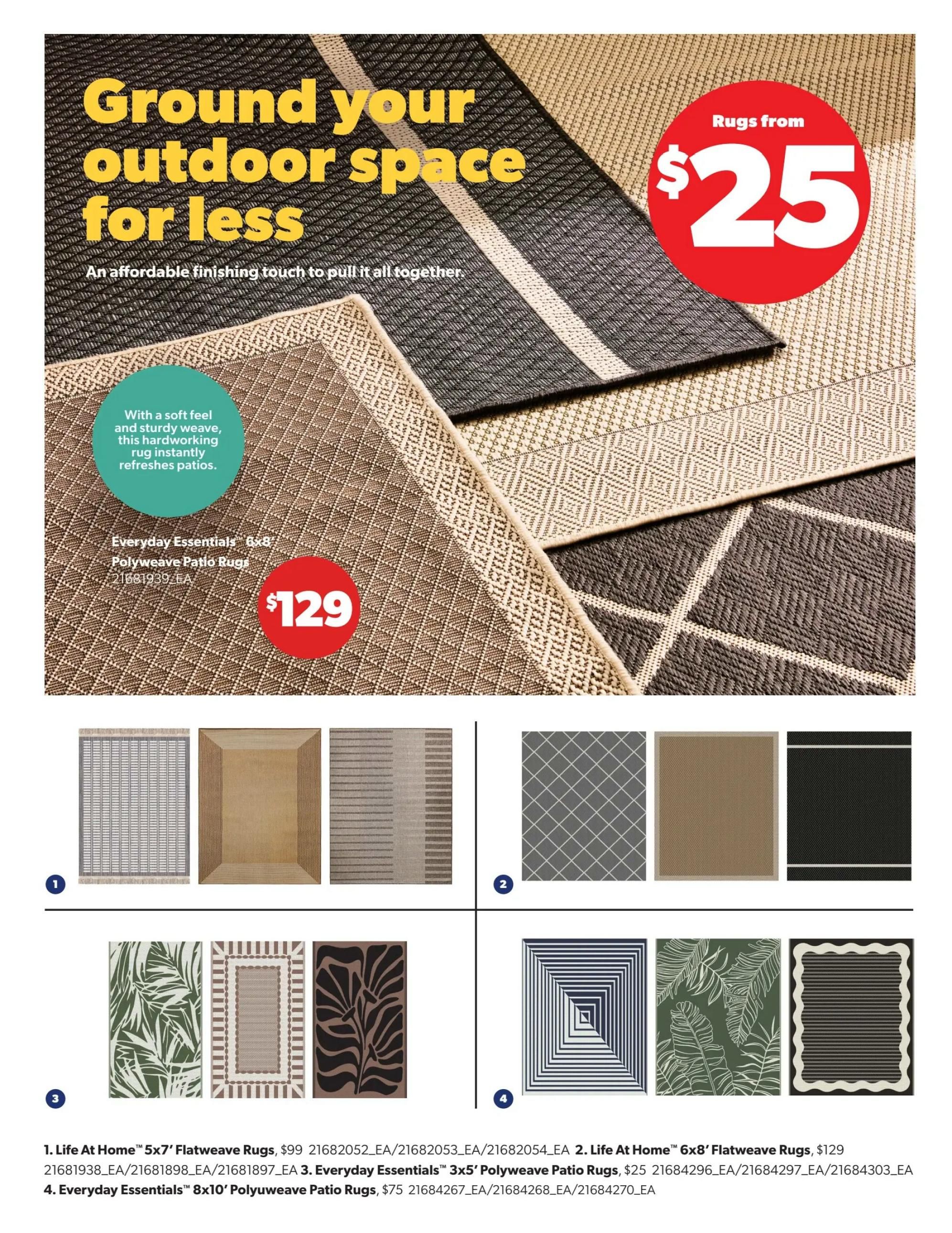 Real Canadian Superstore flyer page featuring outdoor rugs. The main section highlights 'Ground your outdoor space for less' with rugs starting from $25. An Everyday Essentials 6x8' Polyweave Patio Rug is featured at $129. The page also showcases several rug options: 1. Life At Home 5x7' Flatweave Rugs for $99. 2. Life At Home 6x8' Flatweave Rugs for $129. 3. Everyday Essentials 3x5' Polyweave Patio Rugs for $25. 4. Everyday Essentials 8x10' Polyweave Patio Rugs for $75. Various styles and patterns are displayed, including geometric designs, leaf motifs, and striped patterns.