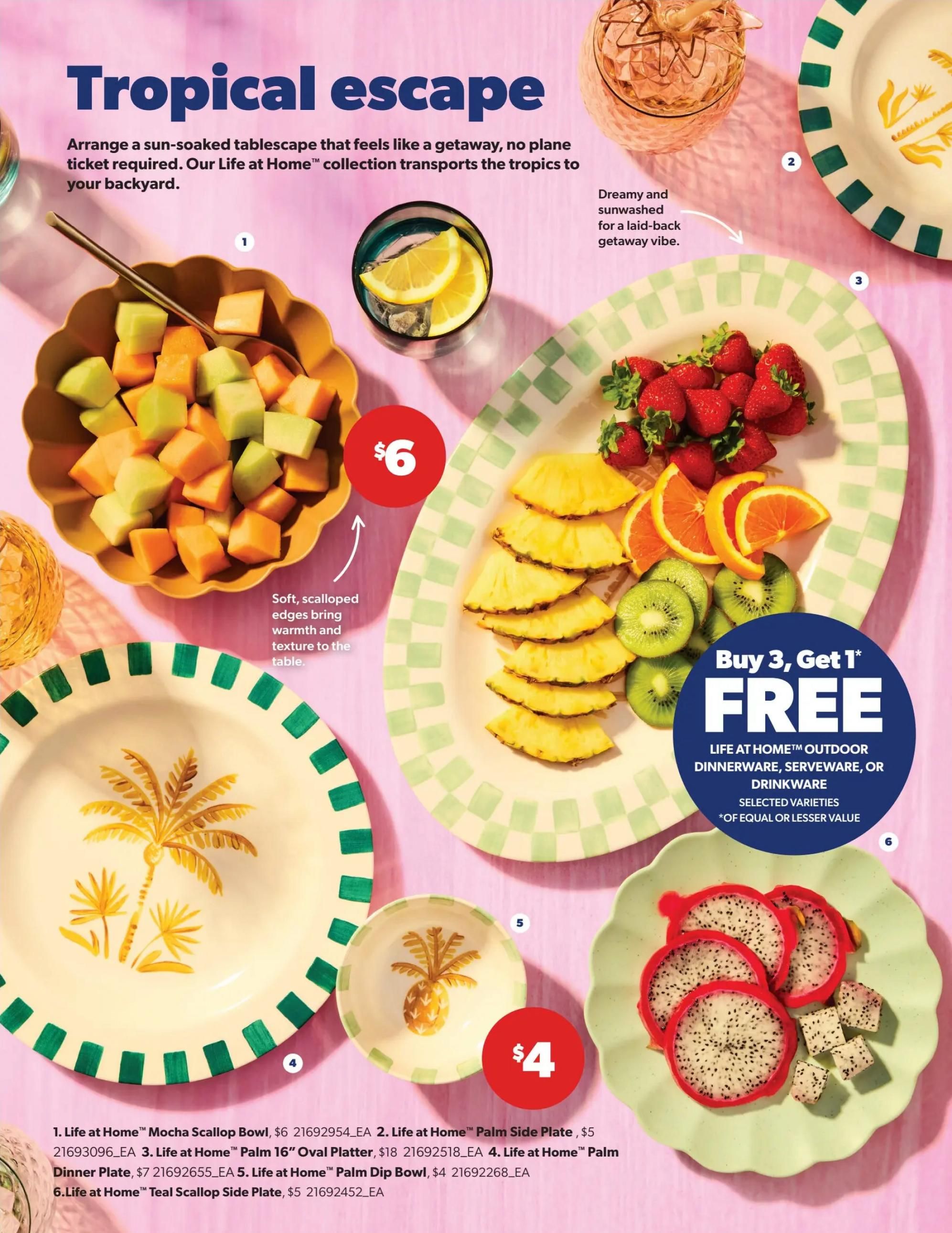 Real Canadian Superstore flyer page featuring the 'Tropical Escape' collection by Life at Home. The page showcases various serveware and dinnerware items with tropical motifs. Featured products include the Life at Home Mocha Scallop Bowl for $6, Life at Home Palm Side Plate for $5, Life at Home Palm 16' Oval Platter for $18, Life at Home Palm Dinner Plate for $7, Life at Home Palm Dip Bowl for $4, and Life at Home Teal Scallop Side Plate for $5. Additionally, there is a 'Buy 3, Get 1 Free' offer on selected Life at Home outdoor dinnerware, serveware, or drinkware of equal or lesser value.