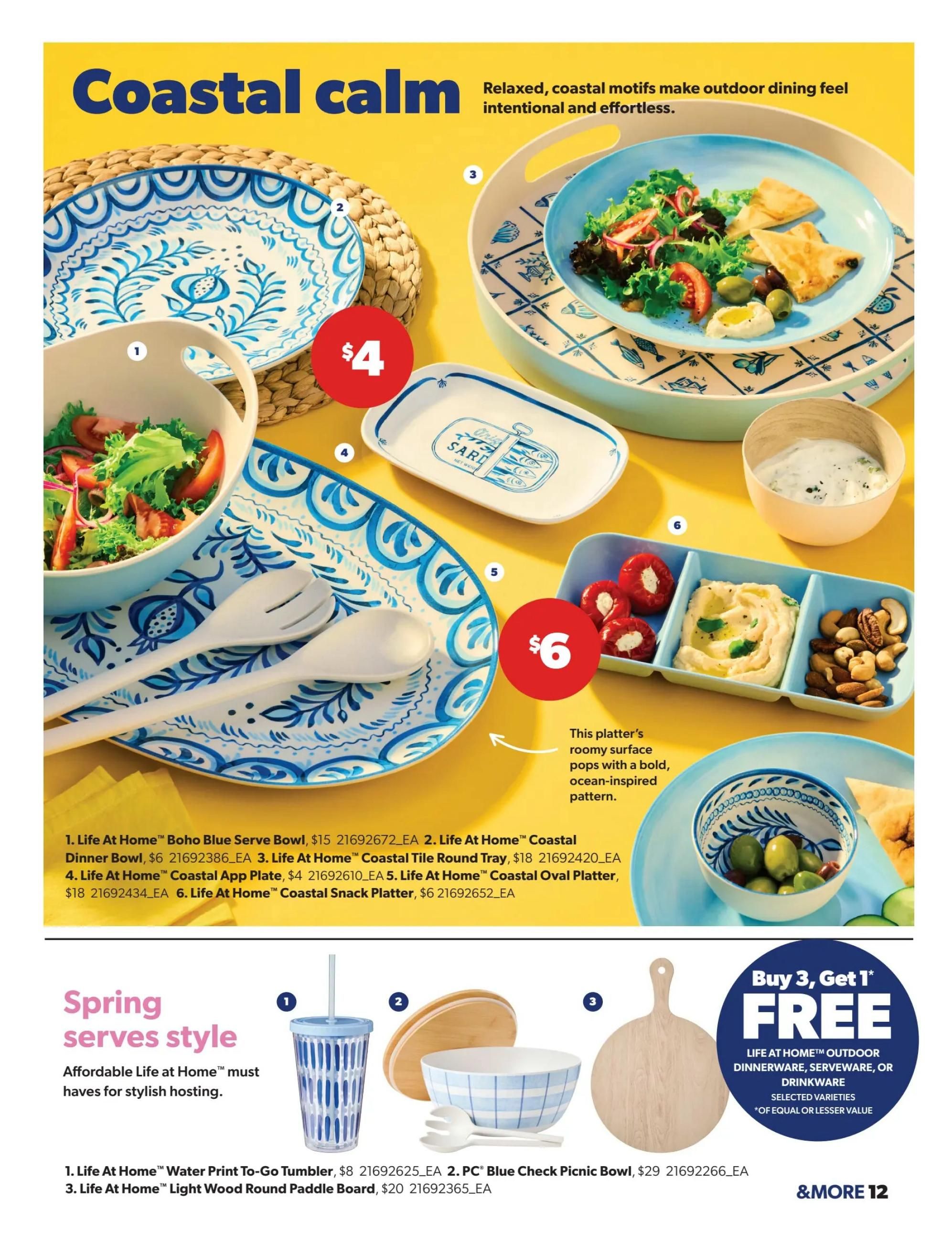 Real Canadian Superstore flyer page featuring 'Coastal calm' decor. Items include Life At Home Boho Blue Serve Bowl for $15, Life At Home Coastal Dinner Bowl for $6, Life At Home Coastal Tile Round Tray for $18, Life At Home Coastal App Plate for $4, Life At Home Coastal Oval Platter for $18, and Life At Home Coastal Snack Platter for $6. Also shown are a Life At Home Water Print To-Go Tumbler for $8, a PC Blue Check Picnic Bowl for $29, and a Life At Home Light Wood Round Paddle Board for $20. A special offer includes Buy 3, Get 1 Free on selected Life At Home outdoor dinnerware, serveware, or drinkware of equal or lesser value.