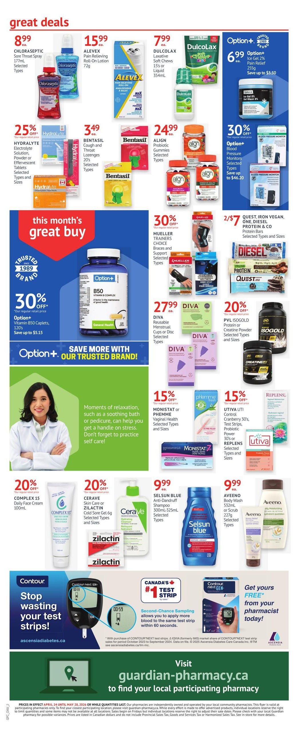 Guardian Pharmacy flyer page 2 features great deals on health and wellness products. Save on Chloraseptic Sore Throat Spray for $8.99, Alevix Pain Relieving Roll-On Lotion for $15.99, and Dulcolax Soft Chews for $7.99. Hydralyte Electrolyte Solution is 25% off. Bentasil Cough and Throat Lozenges are $3.49. Align Probiotic Gummies are $24.99. Option+ Ice Gel 2% Pain Relief is $6.99, saving up to $3.50. Mueller Trainers Choice braces and support are 30% off. Quest, Iron Vegan, and Diesel Protein & Co. protein bars are 2 for $7. Option+ Vitamin B50 Caplets are 30% off, saving up to $5.15. Diva Reusable Menstrual Cups or Disc are $27.99. PVL IsoGold Protein or Creatine Powder is 20% off. Monistat or Phemme Vaginal Health products are 15% off. Utiva UTI Control Cranberry 30's, Test Strips, and Probiotic Power 30's or Replens are 15% off. Complex 15 Daily Face Cream is 20% off. Cerave Skin Care or Zilactin Cold Sore Gel is 20% off. Selsen Blue Anti-Dandruff Shampoo is $9.99. Aveeno Body Wash or Scrub is $9.99. The page also highlights 'this month's great buy' featuring Option+ B50 Vitamin B Complex. A section on 'Moments of relaxation' features a woman in a lab coat, promoting self-care. A Contour Next Gen blood glucose meter is featured with the tagline 'Stop wasting your test strips!' and information about second-chance sampling. The page encourages visiting guardian-pharmacy.ca to find a local participating pharmacy.