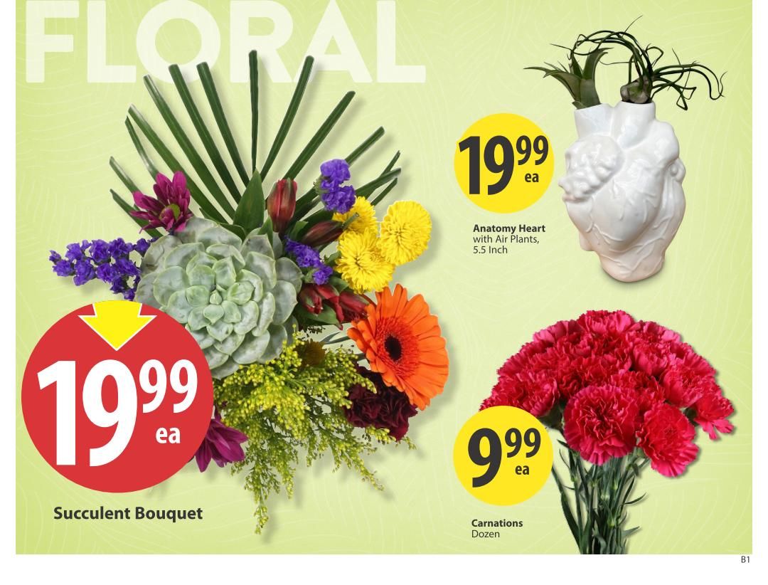 Save-On-Foods weekly flyer specials page 4 features floral arrangements. A Succulent Bouquet is available for $19.99 each. An Anatomy Heart with Air Plants, 5.5 Inch, is priced at $19.99 each. A dozen Carnations are on sale for $9.99 each.