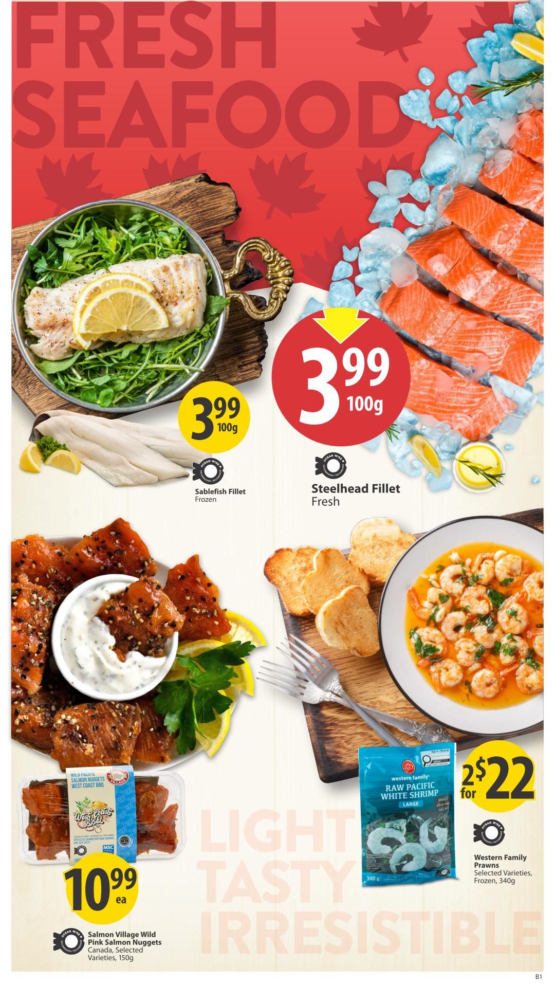 Save-On-Foods weekly flyer specials page 7 features fresh seafood. Highlights include Steelhead Fillet Fresh for $3.99 per 100g and Sablefish Fillet Frozen for $3.99 per 100g. Also featured are Salmon Village Wild Pink Salmon Nuggets, selected varieties, 150g, for $10.99 each, and Western Family Raw Pacific White Shrimp, selected varieties, frozen, 340g, for 2 for $22.