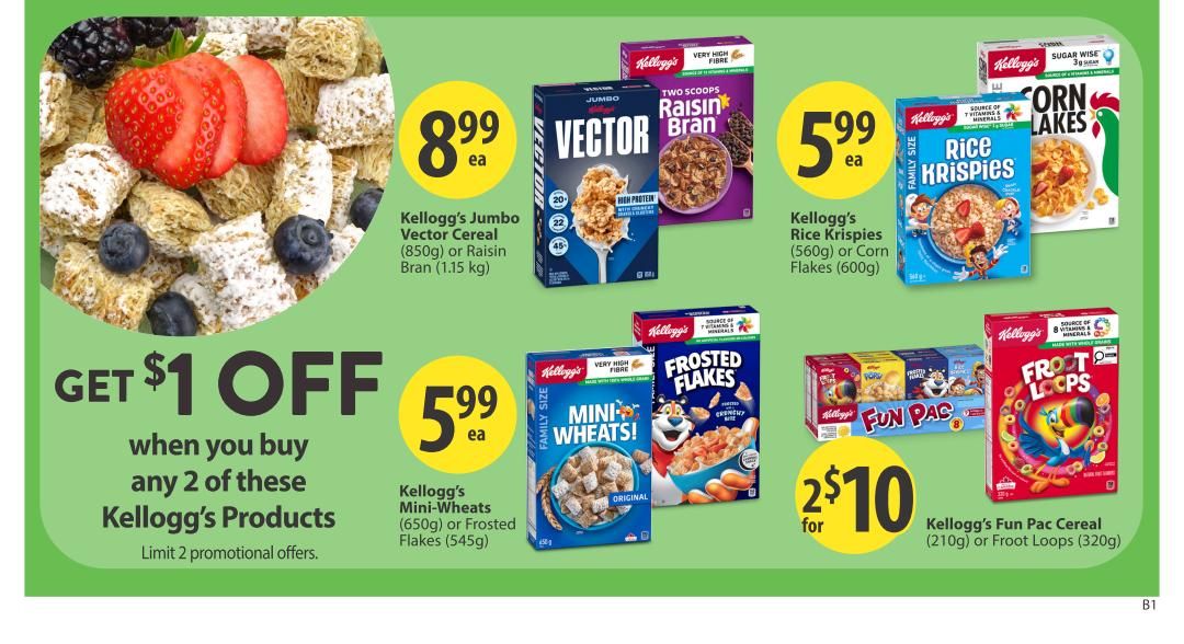 Save-On-Foods weekly flyer specials page 13 features a 'Get $1 OFF when you buy any 2 of these Kellogg's Products' promotion. Featured Kellogg's cereals include Jumbo Vector Cereal (850g) or Raisin Bran (1.15 kg) for $8.99 each. Also available are Kellogg's Rice Krispies (560g) or Corn Flakes (600g) for $5.99 each. Kellogg's Mini-Wheats (650g) or Frosted Flakes (545g) are also $5.99 each. Additionally, Kellogg's Fun Pac Cereal (210g) or Froot Loops (320g) are on sale for 2 for $10.