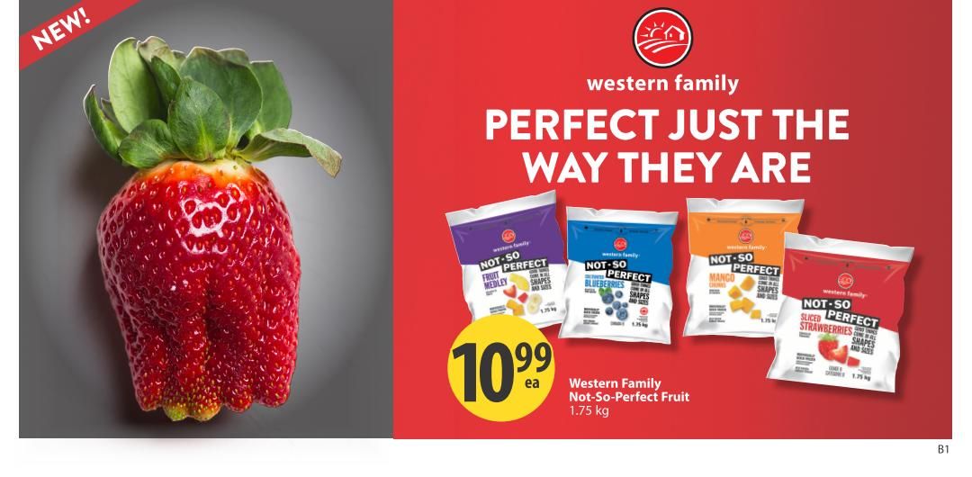 Save-On-Foods weekly flyer specials page 19 features Western Family Not-So-Perfect Fruit in various flavours including Fruit Medley, Blueberries, Mango, and Sliced Strawberries. These 1.75 kg bags are on sale for $10.99 each. The page also highlights a large, fresh strawberry image with a 'NEW!' banner.