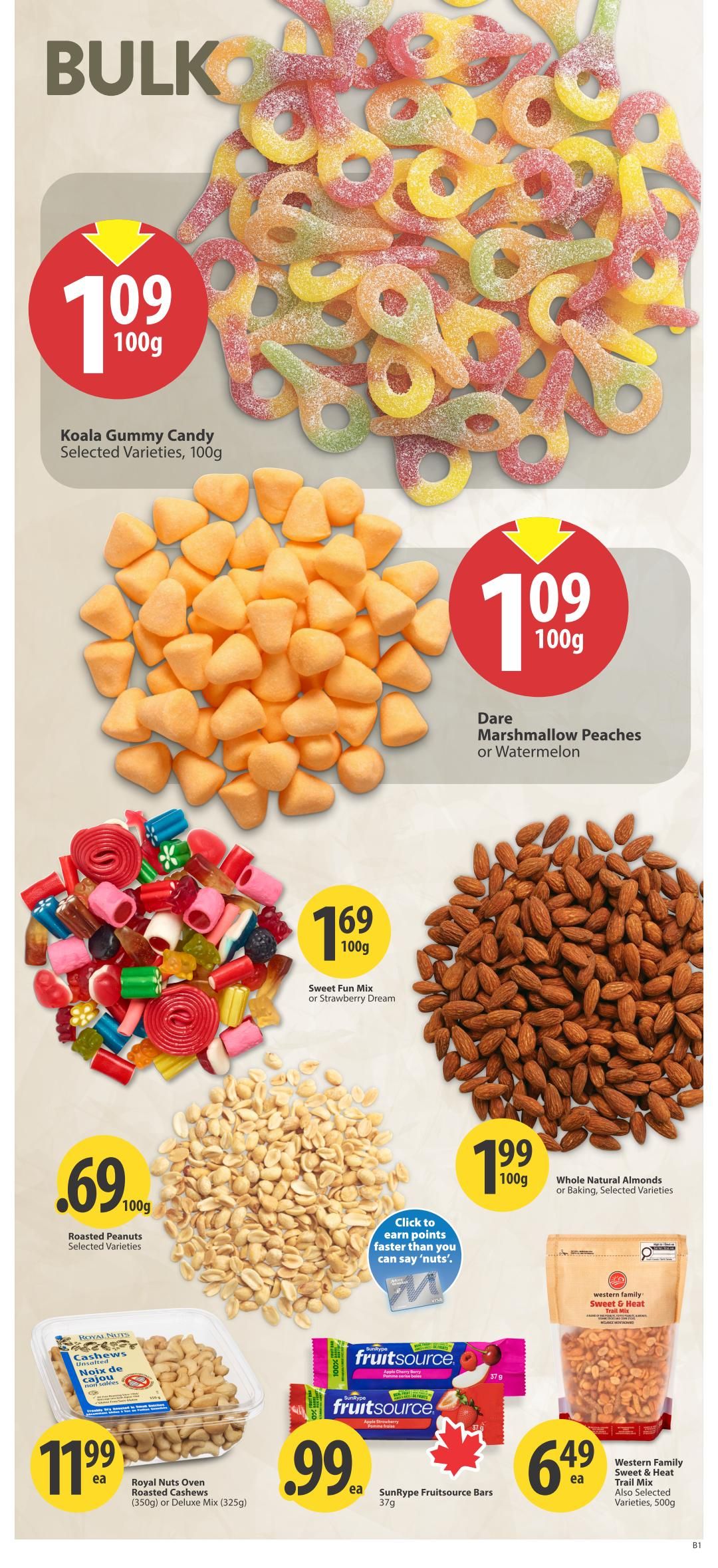 Save-On-Foods weekly flyer specials page 20 features bulk candy and nuts. Koala Gummy Candy is $1.09 per 100g. Dare Marshmallow Peaches or Watermelon are also $1.09 per 100g. Sweet Fun Mix or Strawberry Dream candy is $1.69 per 100g. Roasted Peanuts are $0.69 per 100g. Whole Natural Almonds for snacking or baking are $1.99 per 100g. Royal Nuts Oven Roasted Cashews (350g) or Deluxe Mix (325g) are $11.99 each. SunRype Fruitsource Bars (37g) are $0.99 each. Western Family Sweet & Heat Trail Mix (500g) and other selected varieties are $6.49 each.