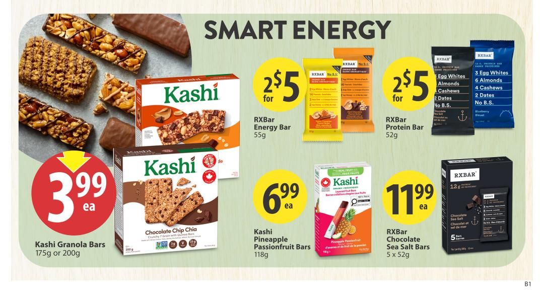 Save-On-Foods weekly flyer specials page 24 features Smart Energy products. Kashi Granola Bars in 175g or 200g sizes are on sale for $3.99 each. RXBar Energy Bars (55g) are 2 for $5. RXBar Protein Bars (52g) are also 2 for $5. Kashi Chocolate Chip Chia Granola Bars (175g or 200g) are featured. Kashi Pineapple Passionfruit Bars (118g) are $6.99 each. RXBar Chocolate Sea Salt Bars, a 5-pack of 52g bars, are $11.99 each.