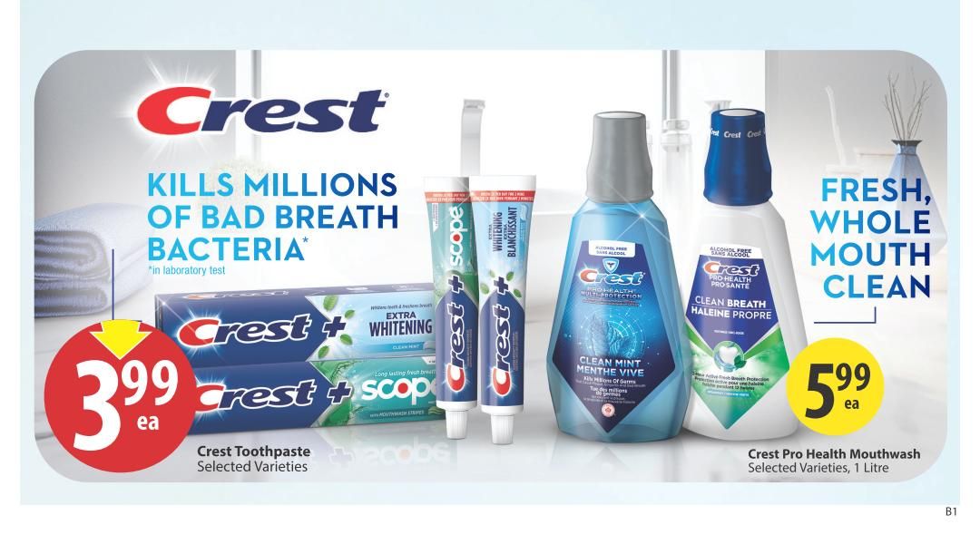 Save-On-Foods weekly flyer specials page 26 features Crest oral care products. Crest Toothpaste, selected varieties, is on sale for $3.99 each. Also featured are Crest Pro Health Mouthwash, selected varieties, 1 Litre, for $5.99 each. The page highlights Crest's ability to kill millions of bad breath bacteria and provide a fresh, whole mouth clean.