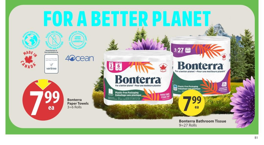 Save-On-Foods weekly flyer specials page 28 features Bonterra Paper Towels, 3=6 Rolls, for $7.99 each, and Bonterra Bathroom Tissue, 9=27 Rolls, for $7.99 each. Both products are advertised with 'For a better planet' branding, plastic-free packaging, and are made in Canada. The page also highlights environmental certifications like responsibly sourced products, carbon-neutral manufacturing, and partnerships with 4ocean and Veritree.