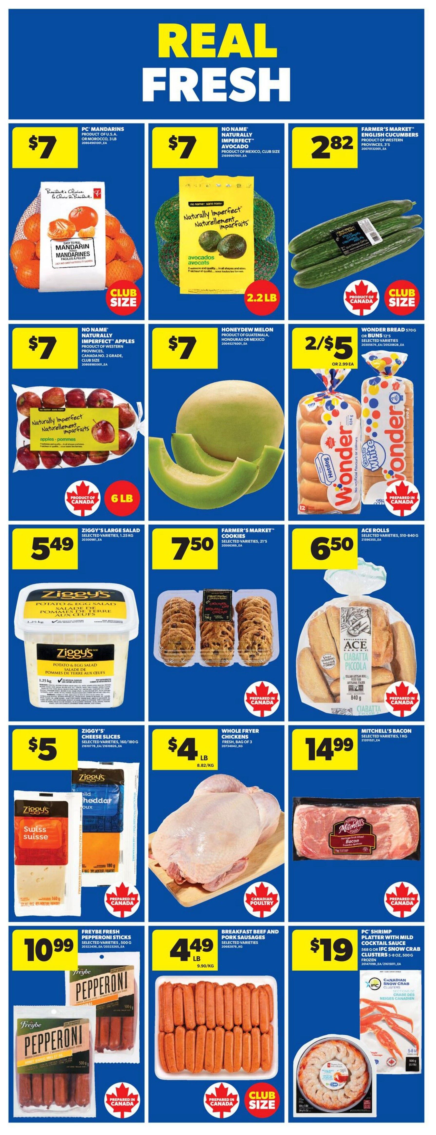 Wholesale Club weekly flyer specials page 2. Features PC Mandarins for $7, No Name Naturally Imperfect Avocados for $7, and Farmer's Market English Cucumbers for $2.82. Also available are No Name Naturally Imperfect Apples for $7, Honeydew Melon for $7, and Wonder Bread or Buns 12's for 2 for $5 or $2.99 each. Additional deals include Ziggy's Large Salad for $5.49, Farmer's Market Cookies for $7.50, and Ace Rolls for $6.50. Featured are Ziggy's Cheese Slices for $5, Whole Fryer Chickens for $4 per pound, and Mitchell's Bacon for $14.99. Finally, Freybe Fresh Pepperoni Sticks are $10.99, Breakfast Beef and Pork Sausages are $4.49 per pound, and PC Shrimp Platter with Mild Cocktail Sauce or IFC Snow Crab Clusters are $19.