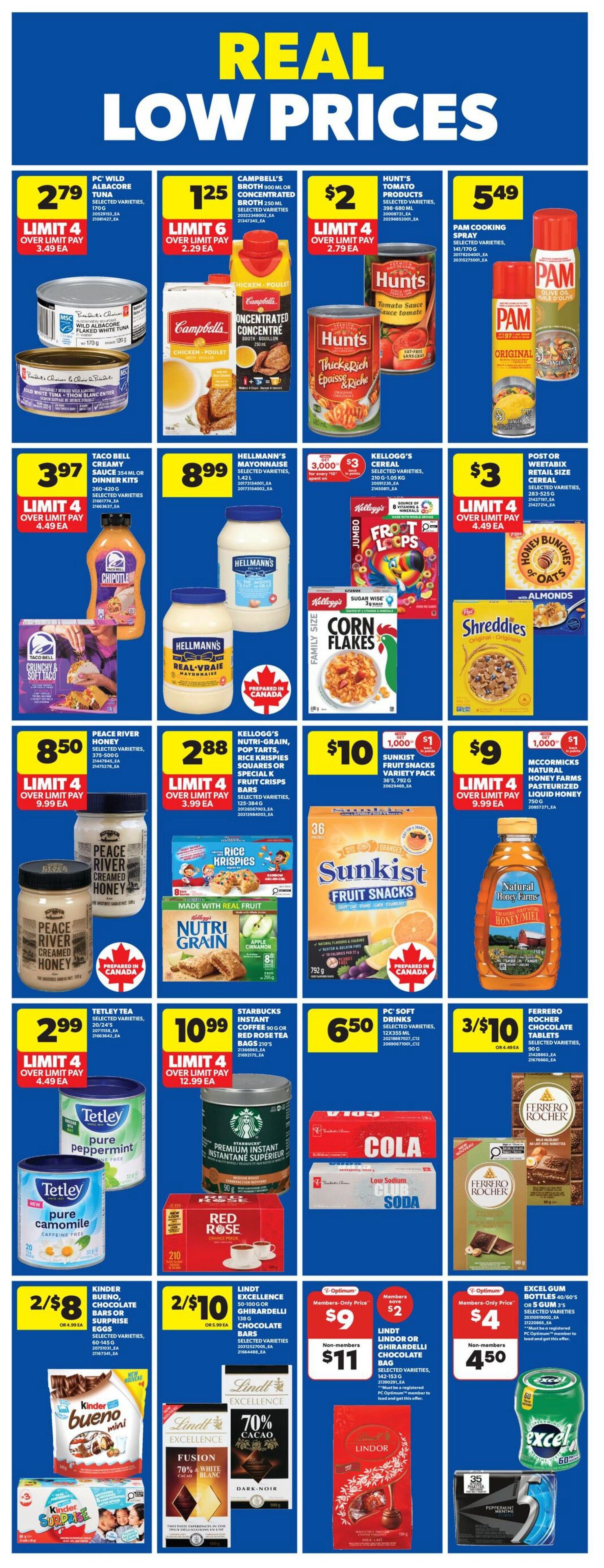 Wholesale Club weekly flyer specials page 3 features a variety of real low-price deals. Highlights include PC Wild Albacore Tuna for $2.79, Campbell's Concentrated Broth for $1.25, Hunt's Tomato Products for $2, and Pam Cooking Spray for $5.49. Also featured are Taco Bell Creamy Sauce for $3.97, Hellmann's Mayonnaise for $8.99, Kellogg's Cereal including Froot Loops and Corn Flakes for $3, and Post or Weetabix Cereal for $3. Peace River Honey is on sale for $8.50. Kellogg's Nutri-Grain Bars, Pop Tarts, Rice Krispies Squares or Fruit Crisps Bars are $2.88. Sunkist Fruit Snacks are $10. McCormick Natural Honey Farms Liquid Honey is $9. Tetley Tea is $2.99. Starbucks Instant Coffee or Red Rose Tea Bags are $10.99. PC Soft Drinks are $6.50. Ferrero Rocher Chocolate Tablets are 3 for $10. Kinder Bueno Chocolate Bars or Surprise Eggs are 2 for $8. Lindt Excellence Chocolate Bars are 2 for $10. Lindt Lindor or Ghirardelli Chocolate Bags are $9 for members and $11 for non-members. Excel Gum Bottles are $4 for members and $4.50 for non-members.