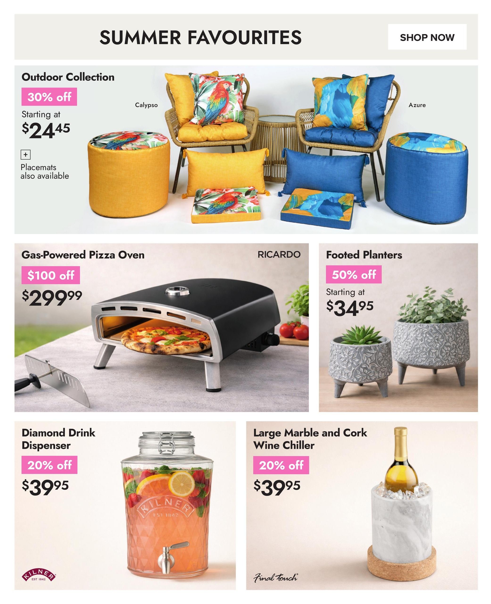 Linen Chest Summer Favourites page 2 features an Outdoor Collection with 30% off, starting at $24.45, with placemats also available. A Gas-Powered Pizza Oven by RICARDO is on sale for $100 off, priced at $299.99. Footed Planters are 50% off, starting at $34.95. The Diamond Drink Dispenser from Kilner is 20% off at $39.95. Additionally, a Large Marble and Cork Wine Chiller from Final Touch is 20% off, also priced at $39.95.