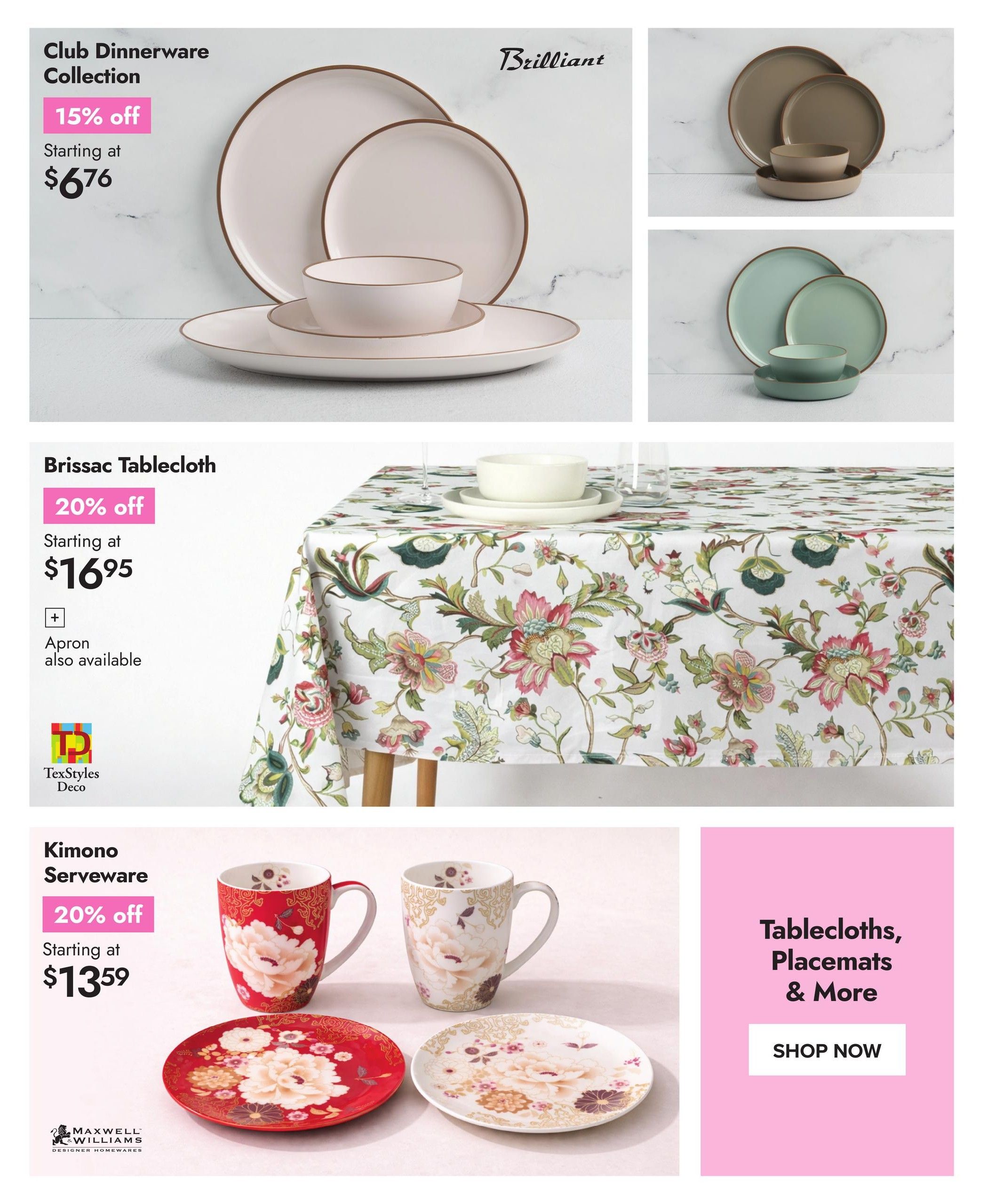 Linen Chest flyer page 4 features the Club Dinnerware Collection with 15% off, starting at $6.76. Also shown are two sets of Brilliant dinnerware in taupe and sage green. The Brissac Tablecloth is on sale for 20% off, starting at $16.95, with matching aprons also available from TexStyles Deco. The Kimono Serveware collection by Maxwell & Williams is 20% off, starting at $13.59, featuring mugs and plates with floral designs. A section for Tablecloths, Placemats & More includes a 'Shop Now' button.