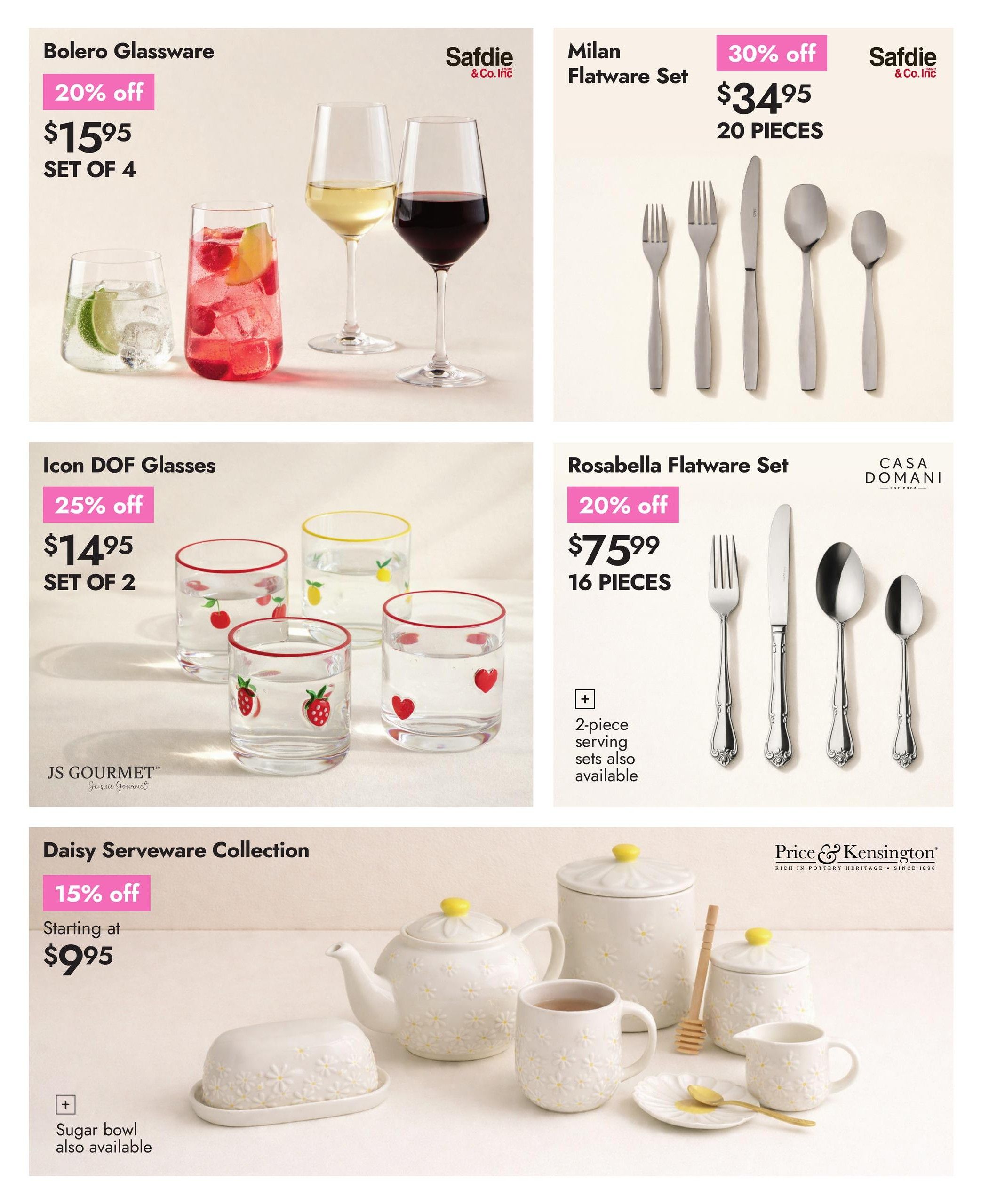 Linen Chest flyer page 5 features kitchenware deals. The Bolero Glassware set of 4 is 20% off, priced at $15.95. The Milan Flatware Set, a 20-piece collection, is 30% off at $34.95. The Icon DOF Glasses, sold as a set of 2, are 25% off for $14.95. The Rosabella Flatware Set, a 16-piece set, is 20% off at $75.99, with 2-piece serving sets also available. The Daisy Serveware Collection from Price & Kensington is 15% off, starting at $9.95, and includes items like a teapot, mug, and sugar bowl, with a sugar bowl also available separately.