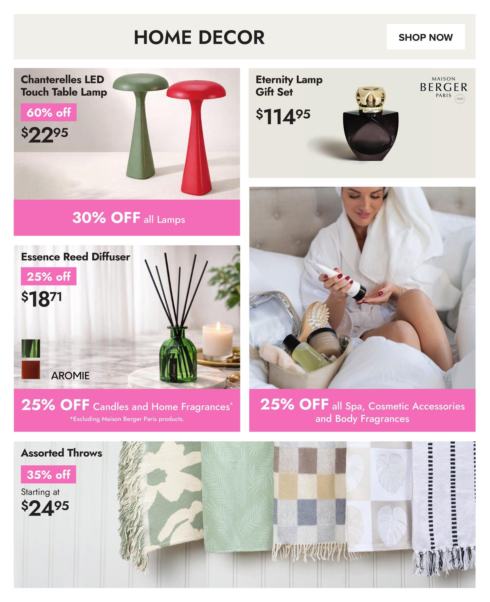 Linen Chest Home Decor page featuring Chanterelles LED Touch Table Lamp at 60% off, now $22.95, with a general 30% off all lamps promotion. Also available is the Eternity Lamp Gift Set for $114.95. The page highlights Essence Reed Diffuser in AROMIE for $18.71 with 25% off, and a 25% off promotion on all Candles and Home Fragrances (excluding Maison Berger Paris products). Additionally, Assorted Throws are on sale starting at $24.95 with 35% off. A section also offers 25% off all Spa, Cosmetic Accessories and Body Fragrances.