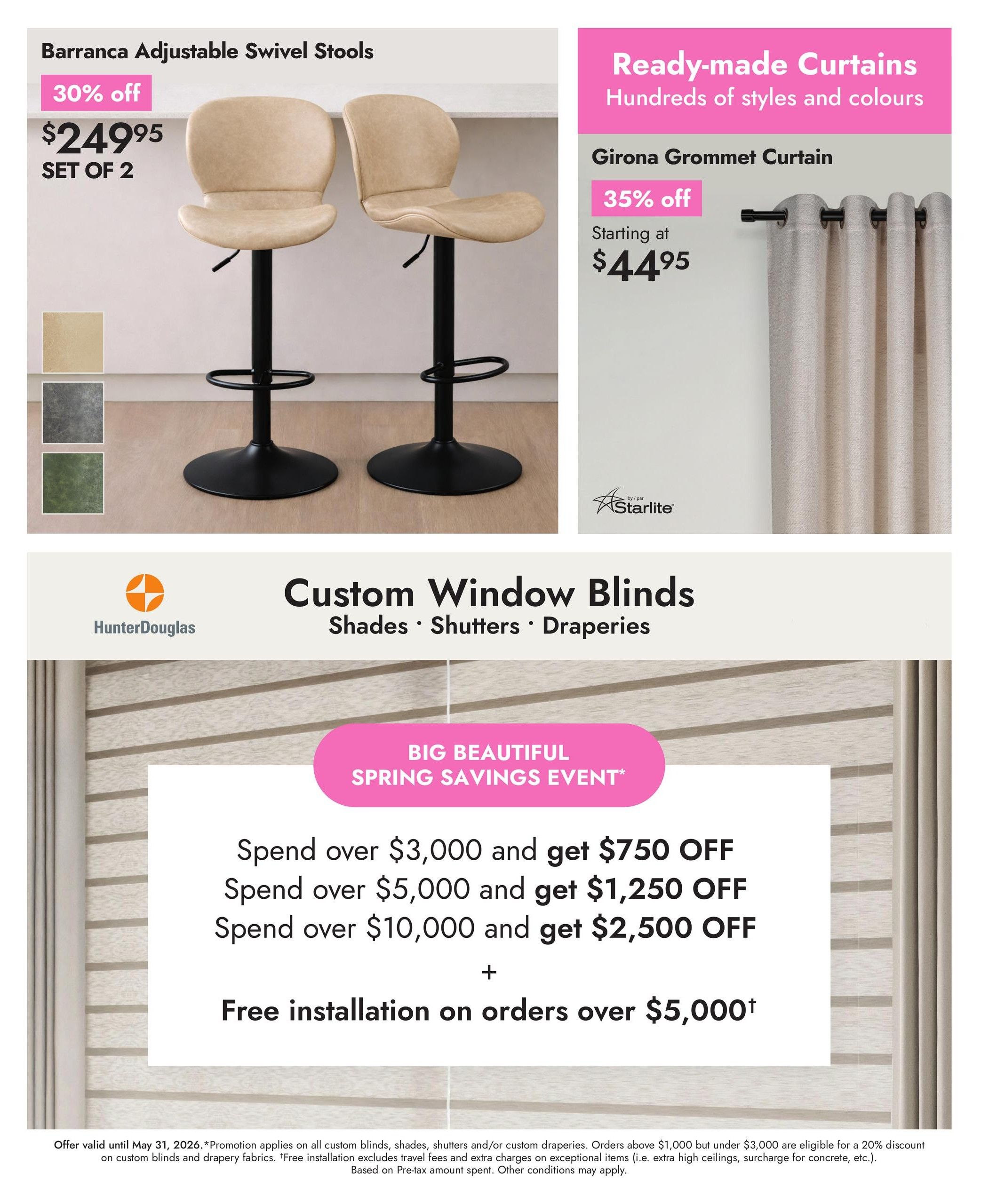 Linen Chest flyer, Page 8. Features Barranca Adjustable Swivel Stools, 30% off, priced at $249.95 for a set of 2, available in beige, grey, and green. Also features Girona Grommet Curtains, 35% off, starting at $44.95. The page highlights a 'Big Beautiful Spring Savings Event' for Custom Window Blinds by Hunter Douglas, offering tiered discounts: spend over $3,000 get $750 off, spend over $5,000 get $1,250 off, and spend over $10,000 get $2,500 off. Additionally, enjoy free installation on orders over $5,000. The offer is valid until May 31, 2026. Promotion applies to custom blinds, shades, shutters, and/or custom draperies. Orders between $1,000 and $3,000 receive a 20% discount. Free installation excludes travel fees and extra charges for exceptional items. Based on pre-tax amount spent. Other conditions may apply.