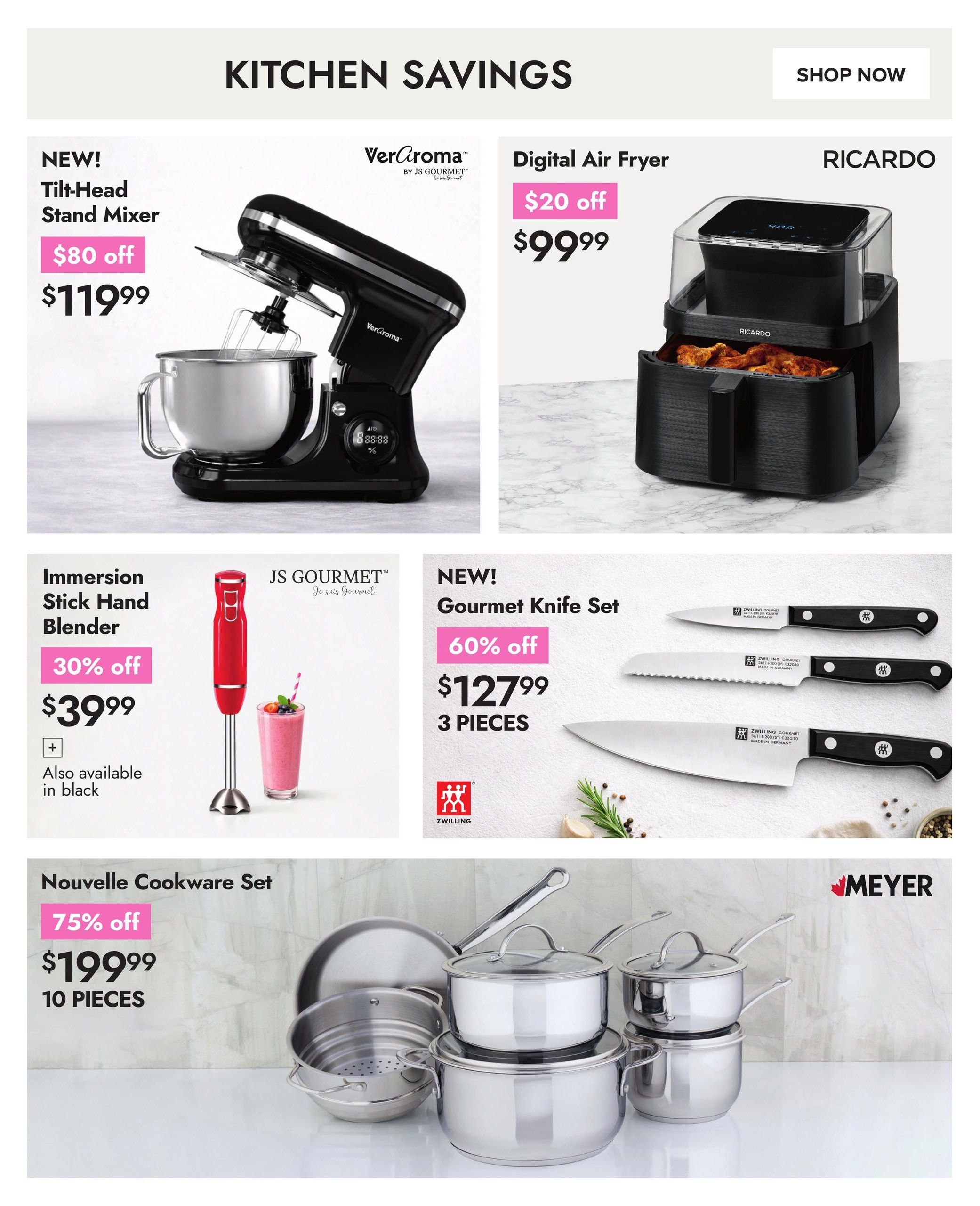 Linen Chest Kitchen Savings page featuring a new Ver Aroma tilt-head stand mixer for $119.99 with an $80 discount. A RICARDO digital air fryer is available for $99.99 with a $20 discount. Also featured is a JS GOURMET immersion stick hand blender in red, on sale for $39.99 with 30% off, also available in black. A new 3-piece ZWILLING gourmet knife set is 60% off, priced at $127.99. Finally, a 10-piece Nouvelle Cookware Set from Meyer is 75% off, priced at $199.99.