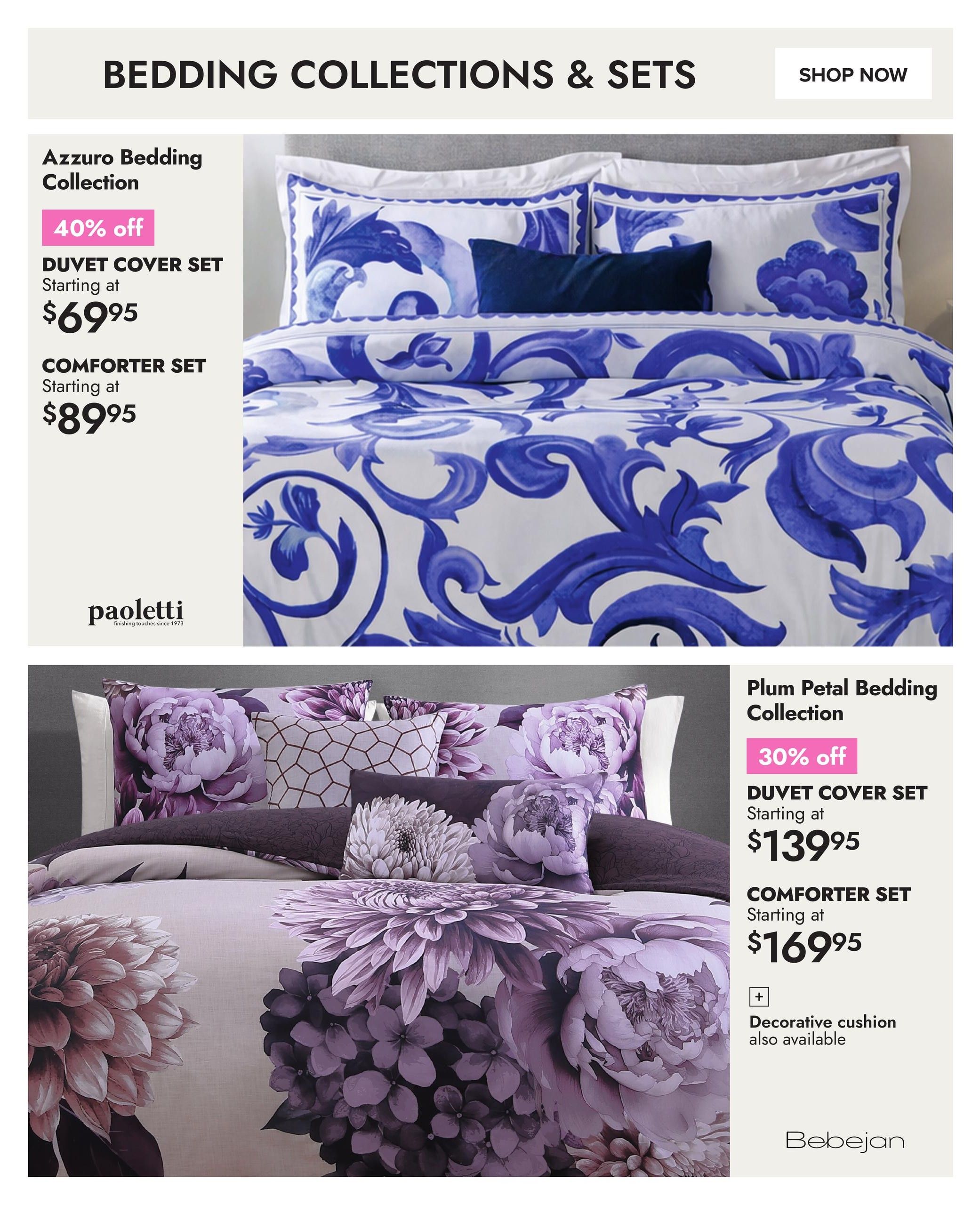 Linen Chest flyer page 11 features bedding collections and sets. The top section showcases the Azzuro Bedding Collection with 40% off, offering a Duvet Cover Set starting at $69.95 and a Comforter Set starting at $89.95. The bottom section highlights the Plum Petal Bedding Collection with 30% off, featuring a Duvet Cover Set starting at $139.95 and a Comforter Set starting at $169.95. A decorative cushion is also available for the Plum Petal collection.