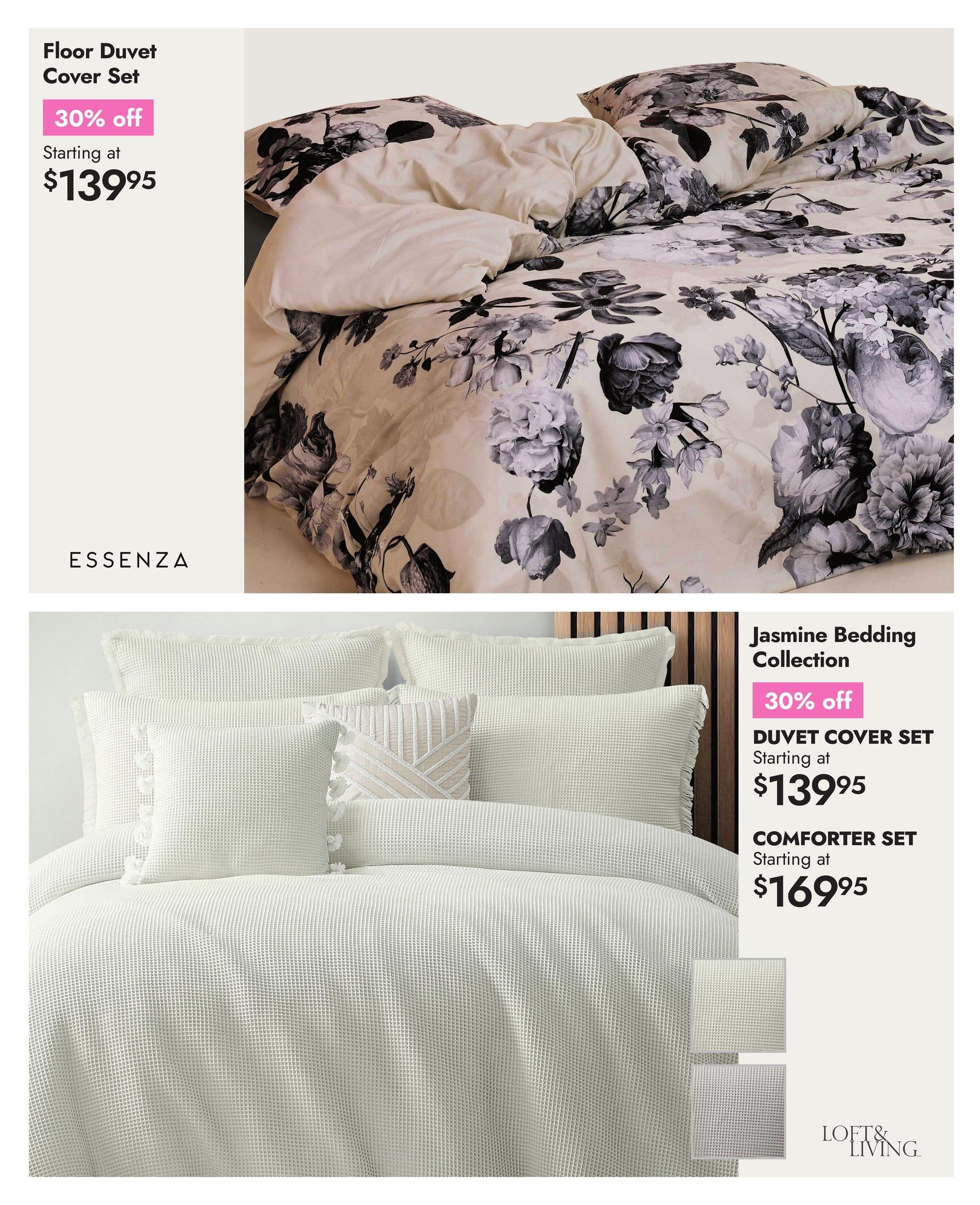 Linen Chest flyer, page 12. Features two bedding collections. The top section showcases the Essenza brand with a Floor Duvet Cover Set, offering 30% off, starting at $139.95. The set is displayed with a large floral pattern duvet cover and pillow. The bottom section highlights the Jasmine Bedding Collection, also with 30% off. It includes a Duvet Cover Set starting at $139.95 and a Comforter Set starting at $169.95. The Jasmine collection is shown with white waffle-weave bedding and decorative pillows, with swatches indicating available colours in cream and grey.