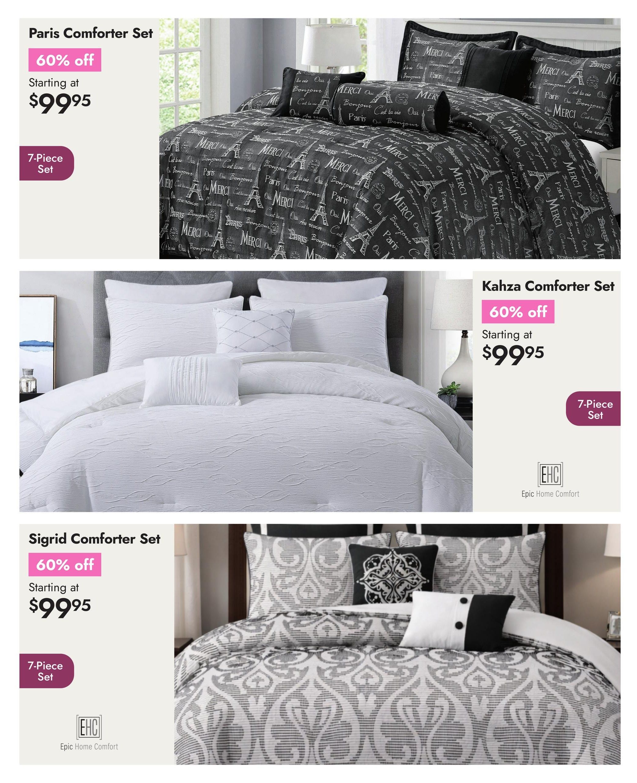 Linen Chest flyer page 13 features three comforter sets on sale. The Paris Comforter Set, a 7-piece set, is 60% off, starting at $99.95. The Kahza Comforter Set, also a 7-piece set, is 60% off, starting at $99.95. The Sigrid Comforter Set, a 7-piece set, is also 60% off, starting at $99.95. All sets are from Epic Home Comfort.