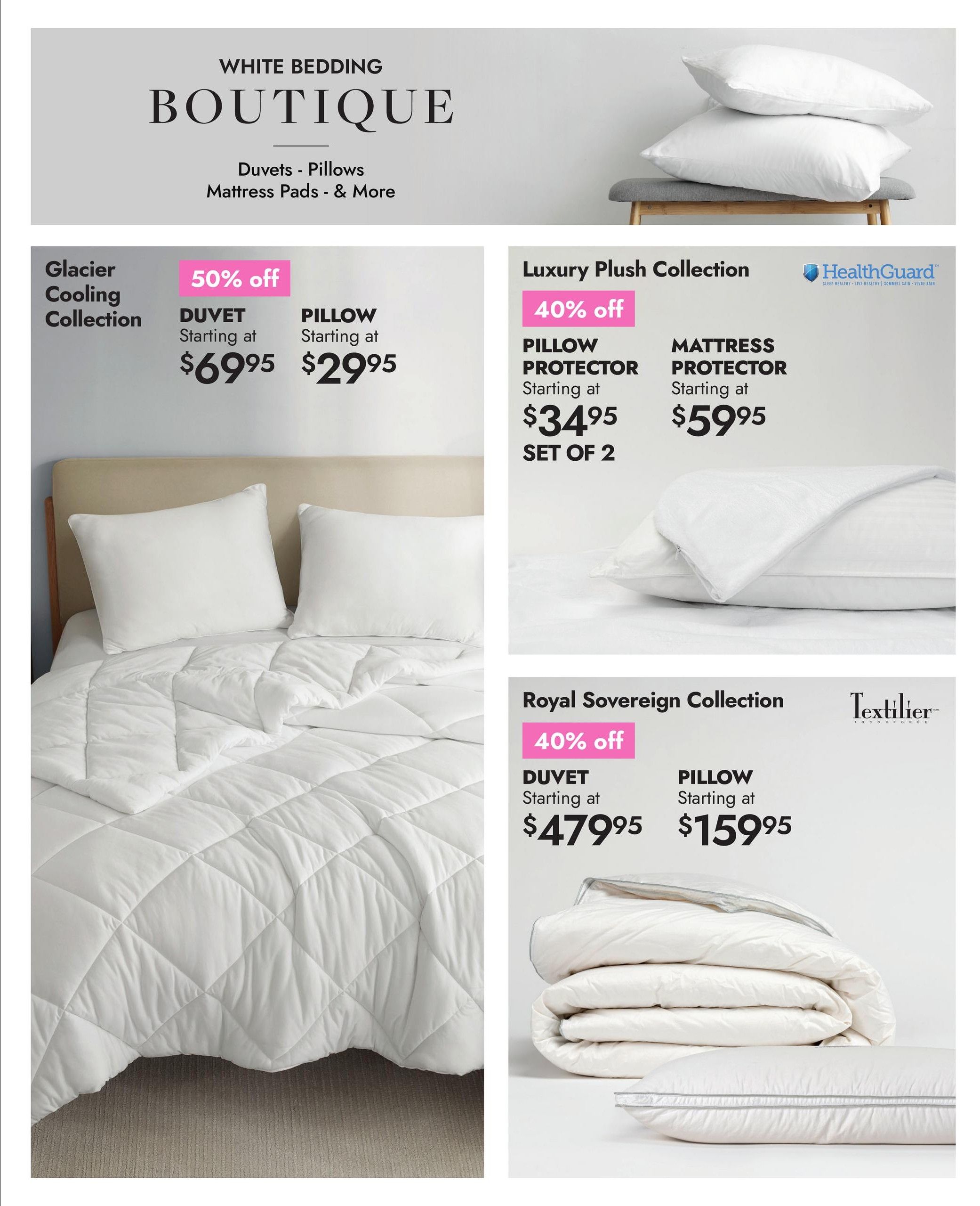 Linen Chest White Bedding Boutique page featuring duvets, pillows, mattress pads, and more. Offers include the Glacier Cooling Collection with 50% off duvets starting at $69.95 and pillows starting at $29.95. The Luxury Plush Collection offers 40% off pillow protectors starting at $34.95 (set of 2) and mattress protectors starting at $59.95, featuring HealthGuard technology. The Royal Sovereign Collection also has 40% off duvets starting at $479.95 and pillows starting at $159.95, with Textilier branding.