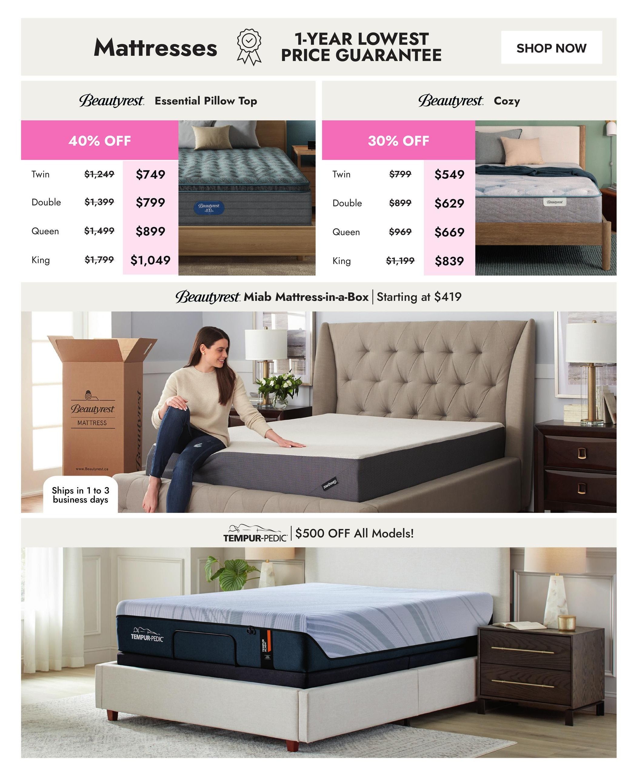 Linen Chest flyer page featuring mattresses with a 1-year lowest price guarantee. Offers include Beautyrest Essential Pillow Top mattresses with 40% off, with Twin size priced at $749, Double at $799, Queen at $899, and King at $1,049. Beautyrest Cozy mattresses are 30% off, with Twin at $549, Double at $629, Queen at $669, and King at $839. Also featured is the Beautyrest Miab Mattress-in-a-Box starting at $419, which ships in 1 to 3 business days. Additionally, Tempur-Pedic mattresses are on sale with $500 off all models.