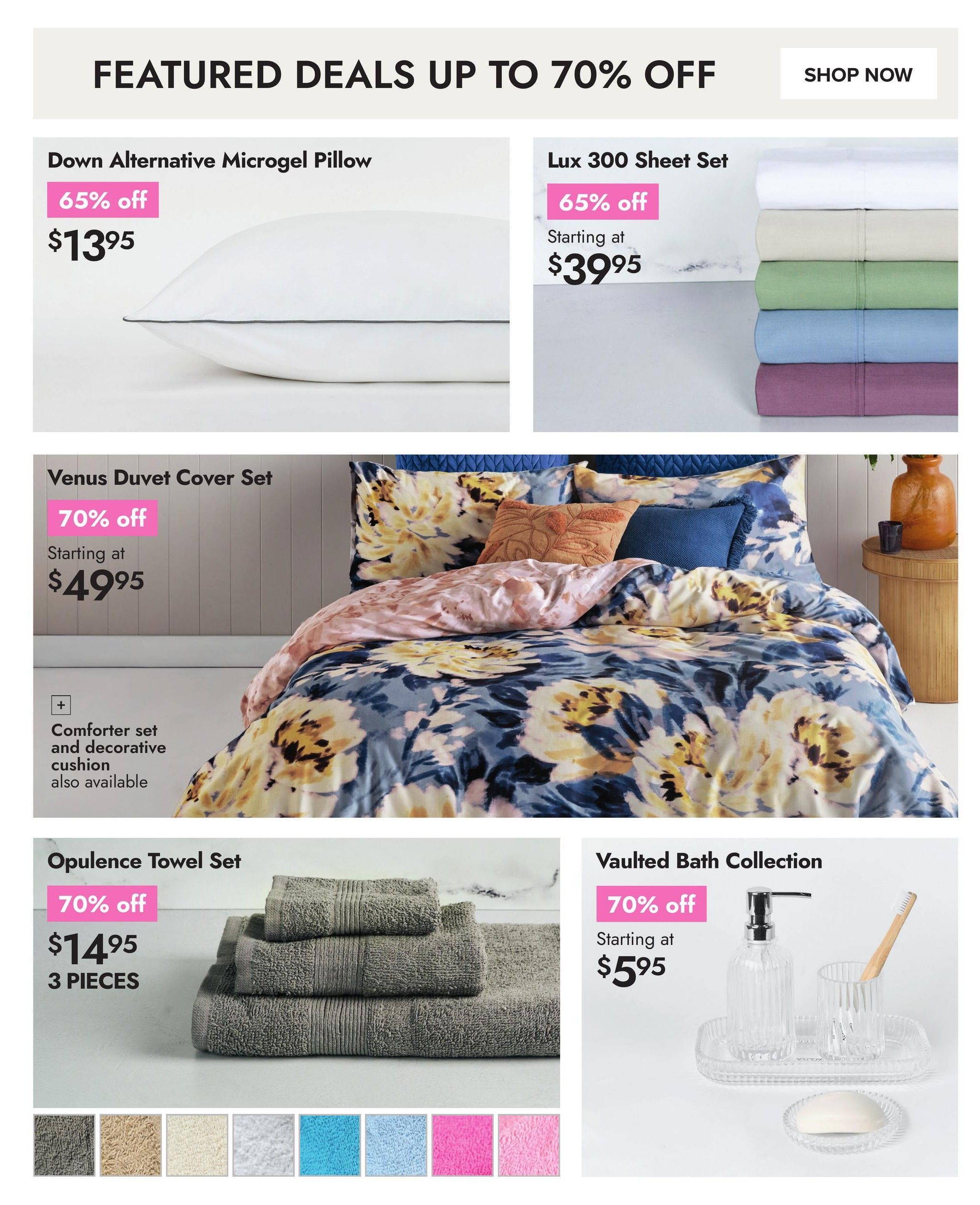 Linen Chest flyer page 17 features 'Featured Deals Up To 70% Off'. Offers include a Down Alternative Microgel Pillow for $13.95 (65% off), Lux 300 Sheet Set starting at $39.95 (65% off), Venus Duvet Cover Set starting at $49.95 (70% off) with comforter set and decorative cushion also available, Opulence Towel Set (3 pieces) for $14.95 (70% off) in multiple colours, and Vaulted Bath Collection starting at $5.95 (70% off).