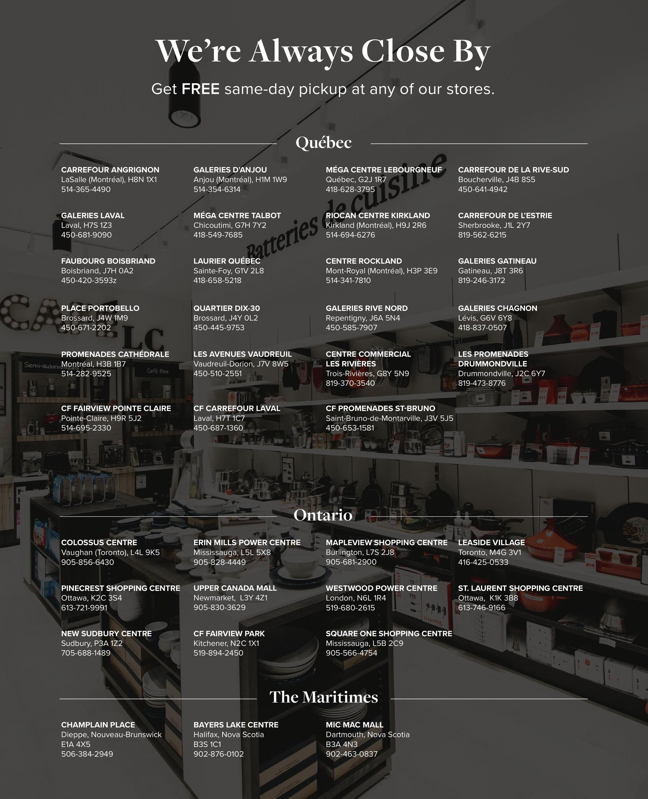Linen Chest store locations page, featuring a large 'We're Always Close By' headline and the offer 'Get FREE same-day pickup at any of our stores.' The page lists store addresses and phone numbers across Quebec, Ontario, and The Maritimes. Quebec locations include Carrefour Angrignon, Galeries D'Anjou, Mega Centre Lebourgneuf, Carrefour de la Rive-Sud, Galeries Laval, Mega Centre Talbot, Riocan Centre Kirkland, Carrefour de l'Estrie, Faubourg Boisbriand, Laurier Quebec, Centre Rockland, Galeries Gatineau, Place Portobello, Quartier Dix-30, Galeries Rive Nord, Galeries Chagnon, Promenades Cathédrale, Les Avenues Vaudreuil, Centre Commercial Les Rivières, and Les Promenades Drummondville. Ontario locations include Colossus Centre, Erin Mills Power Centre, Mapleview Shopping Centre, Leaside Village, Pinecrest Shopping Centre, Upper Canada Mall, Westwood Power Centre, and St. Laurent Shopping Centre. The Maritimes locations include Champlain Place, Byers Lake Centre, and Mic Mac Mall.
