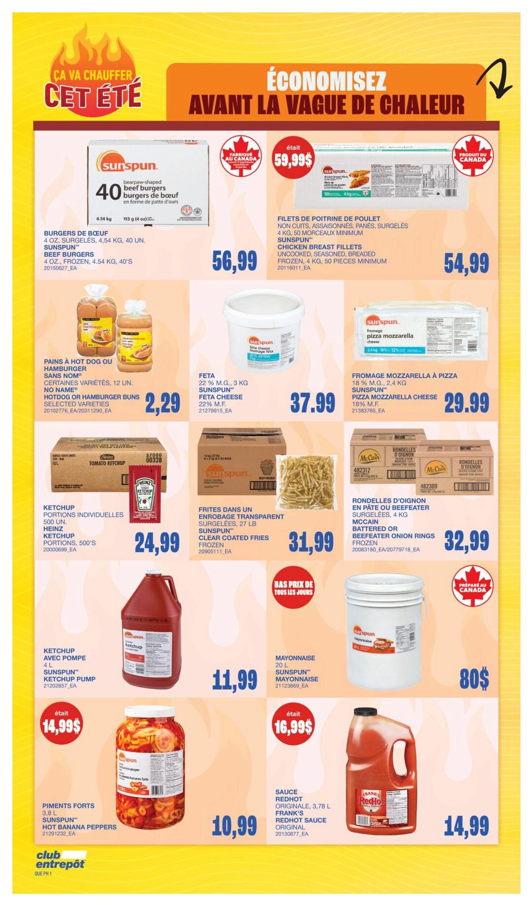 Wholesale Club flyer specials page 6 features a variety of food items. Top left shows Sunspun 40 beef burgers, 4.54 kg, for $56.99. Next to it, Sunspun chicken breast fillets, 4 kg, are on sale for $54.99, down from $59.99. Below the burgers, selected varieties of No Name hot dog or hamburger buns, 12 units, are priced at $2.29. Heinz ketchup portions, 500 units, are $24.99. In the middle section, Sunspun feta cheese, 22% M.F., 3 kg, costs $37.99. Sunspun pizza mozzarella cheese, 18% M.F., 2.4 kg, is $29.99. Sunspun clear coated fries, 27 lb, are $31.99. McCain battered or beefeater onion rings, 4 kg, are $32.99. On the bottom row, Sunspun ketchup pump, 4 L, is $11.99. Sunspun mayonnaise, 20 L, is $80. Sunspun hot banana peppers, 3.8 L, are $10.99. Frank's RedHot sauce, original, 3.78 L, is $14.99, down from $16.99. The page highlights 'Save before the heat wave' and 'Best prices of the day'.