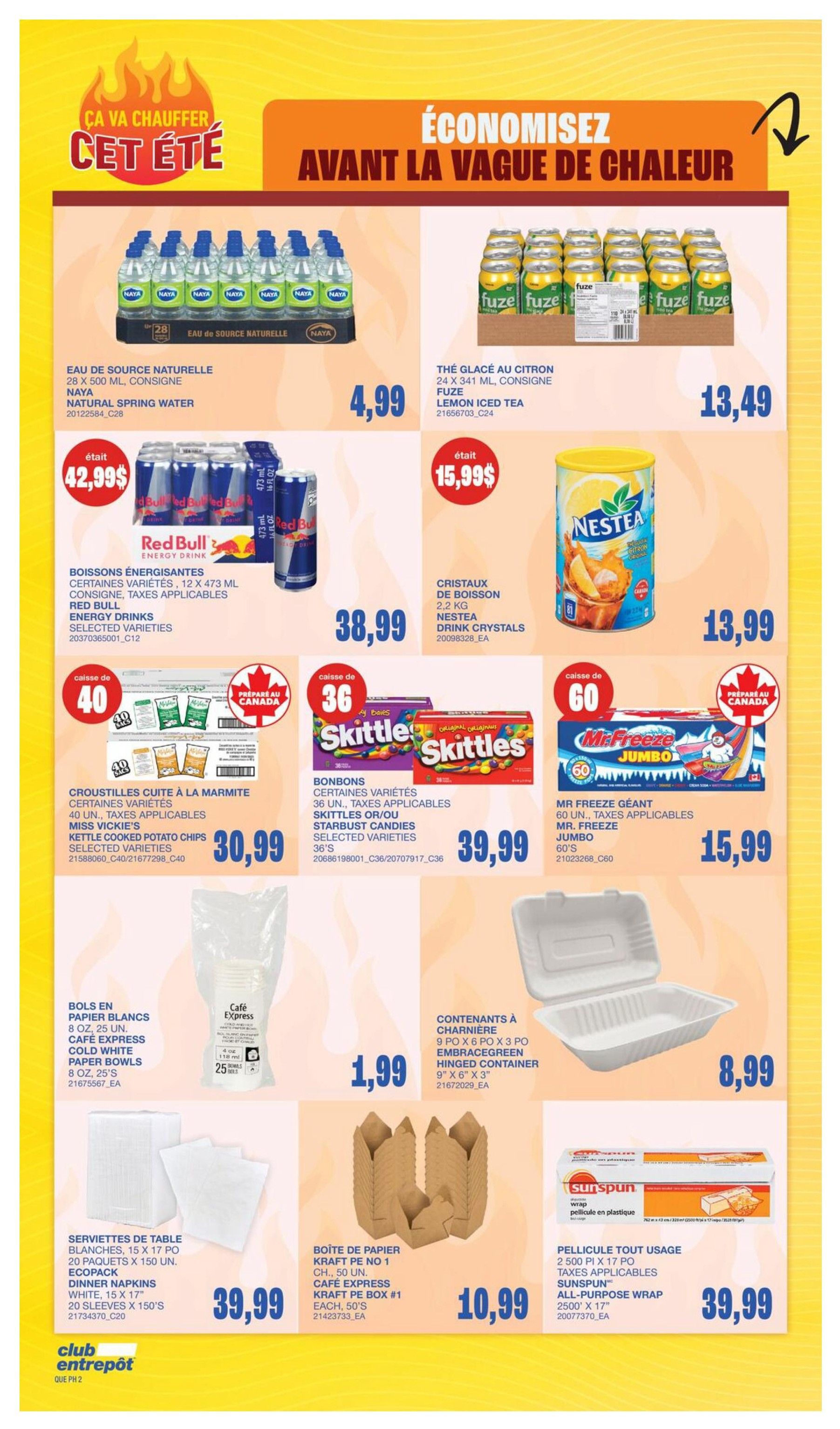 Wholesale Club flyer specials page 7 features deals on beverages and food service items. Save on Naya Natural Spring Water 28 x 500 mL for $4.99. Get a 12 x 473 mL case of Red Bull Energy Drinks for $42.99. Enjoy Fuze Lemon Iced Tea 24 x 341 mL for $13.49, with a previous price of $15.99. Also available is Nestea Drink Crystals 2.2 kg for $13.99. For snacks, find Miss Vickie's Kettle Cooked Potato Chips (40 units) for $30.99 and Skittles or Starburst Candies (36 units) for $39.99. Mr. Freeze Jumbo (60 units) is on sale for $15.99. Stock up on Café Express Cold White Paper Bowls (8 oz, 25 units) for $1.99. Embracegreen Hinged Containers (9' x 6' x 3') are $8.99. Dinner Napkins White, 15' x 17' (20 sleeves x 150 units) are $39.99. Kraft Paper Box #1 containers (50 units) are $10.99. Sunspun All-Purpose Wrap (2500' x 17') is $39.99.