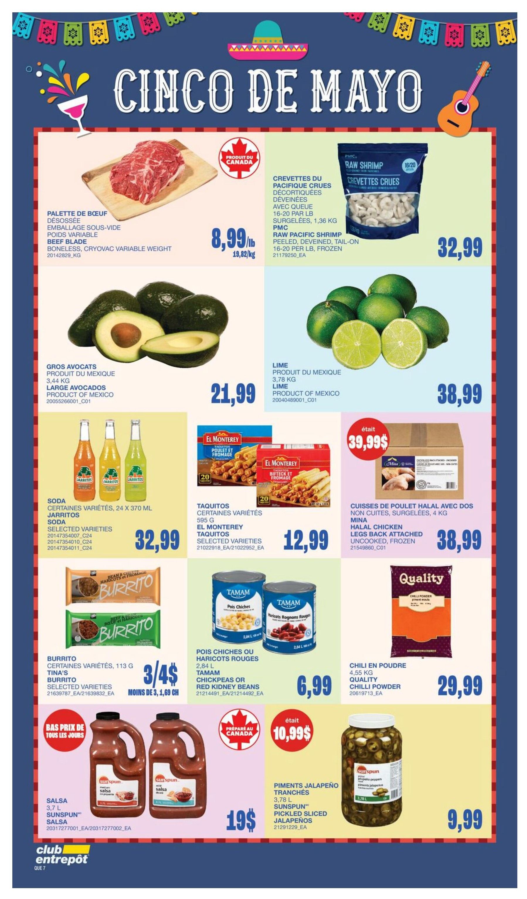 Wholesale Club flyer specials page 13 featuring Cinco de Mayo theme. Offers include Boneless Beef Blade for $8.99/lb, Raw Pacific Shrimp for $32.99, Large Avocados for $21.99, and Limes for $38.99. Also featured are Jarritos Soda for $32.99, El Monterey Taquitos for $12.99, Tina's Burritos for 3 for $4, Tamam Chickpeas or Red Kidney Beans for $6.99, Mina Halal Chicken Legs for $38.99, Quality Chilli Powder for $29.99, Sunspun Salsa for $19, and Sunspun Pickled Sliced Jalapeños for $9.99.