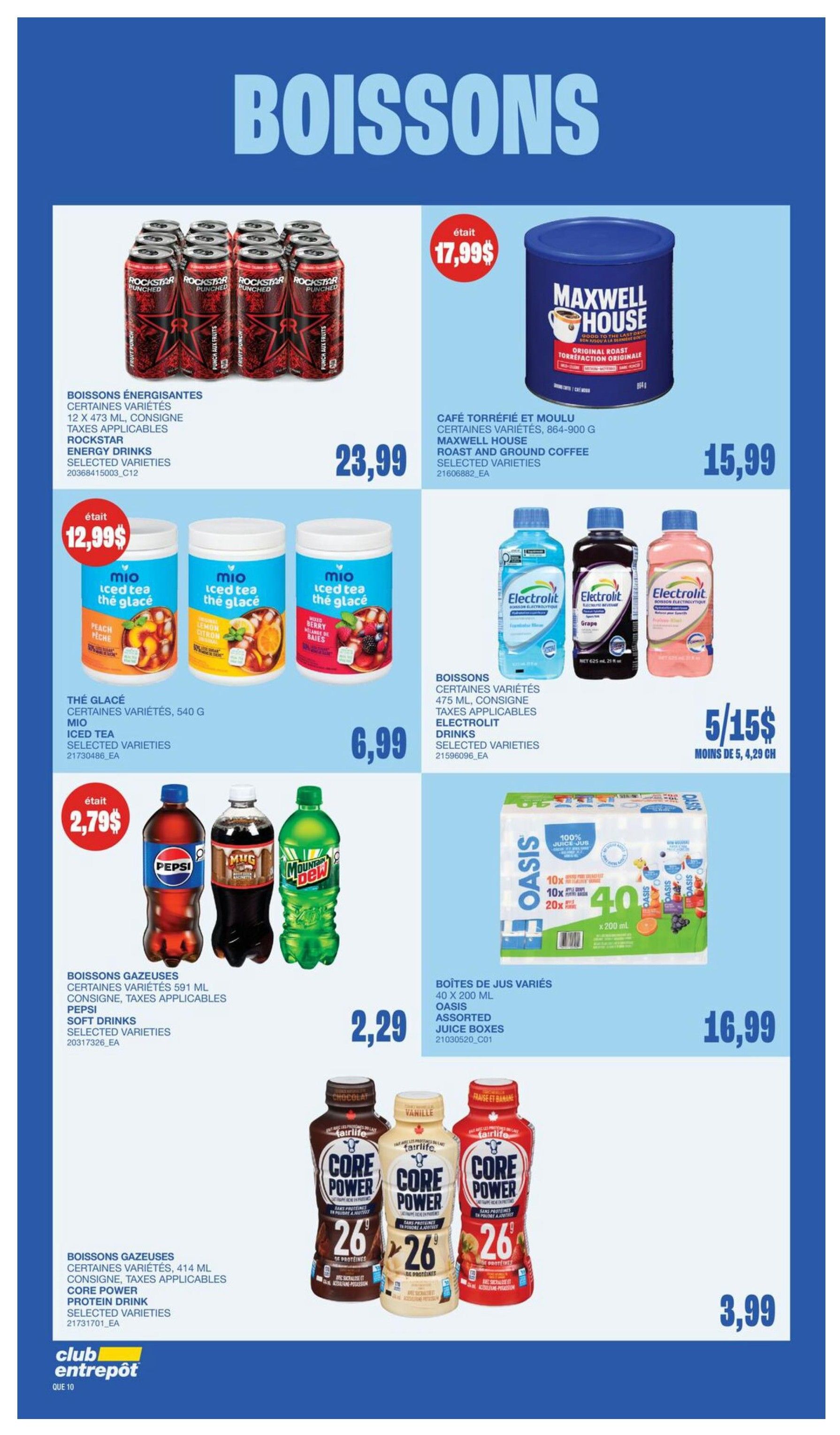 Wholesale Club flyer page 16 featuring a variety of beverages. Top left: Rockstar Energy Drinks, 12 x 473 mL, on sale for $23.99. Top centre: Maxwell House Roast and Ground Coffee, 864-900 g, for $15.99. Middle left: Mio Iced Tea, 540 g, selected varieties, on sale for $6.99. Middle right: Electrolit Drinks, 475 mL, selected varieties, 5 for $15 (or $4.29 each). Bottom left: Pepsi, Mug, and Mountain Dew soft drinks, selected varieties, 591 mL, on sale for $2.29. Bottom centre: Core Power Protein Drink, 414 mL, selected varieties, for $3.99. Bottom right: Oasis Assorted Juice Boxes, 40 x 200 mL, for $16.99.