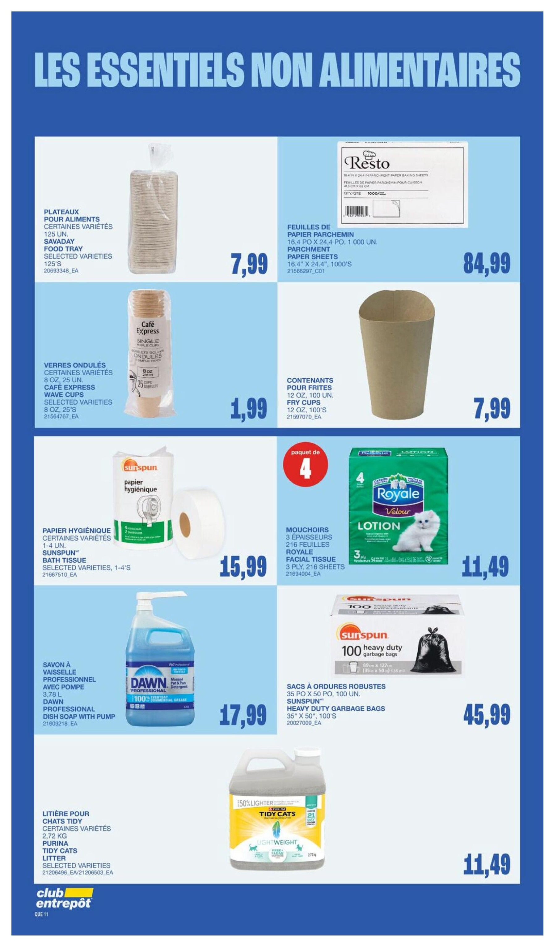 Wholesale Club flyer specials page 17 features non-food essentials. Items include Savaday food trays for $7.99, Resto parchment paper baking sheets (1000 count) for $84.99, Café Express wave cups (25 count) for $1.99, and fry cups (100 count) for $7.99. Also available are Sunspun bath tissue (4 rolls) for $15.99, Royale Velour lotion facial tissue (3 ply, 216 sheets) for $11.49, Dawn Professional dish soap with pump for $17.99, Sunspun heavy duty garbage bags (100 count) for $45.99, and Purina Tidy Cats lightweight litter (2.72 kg) for $11.49.