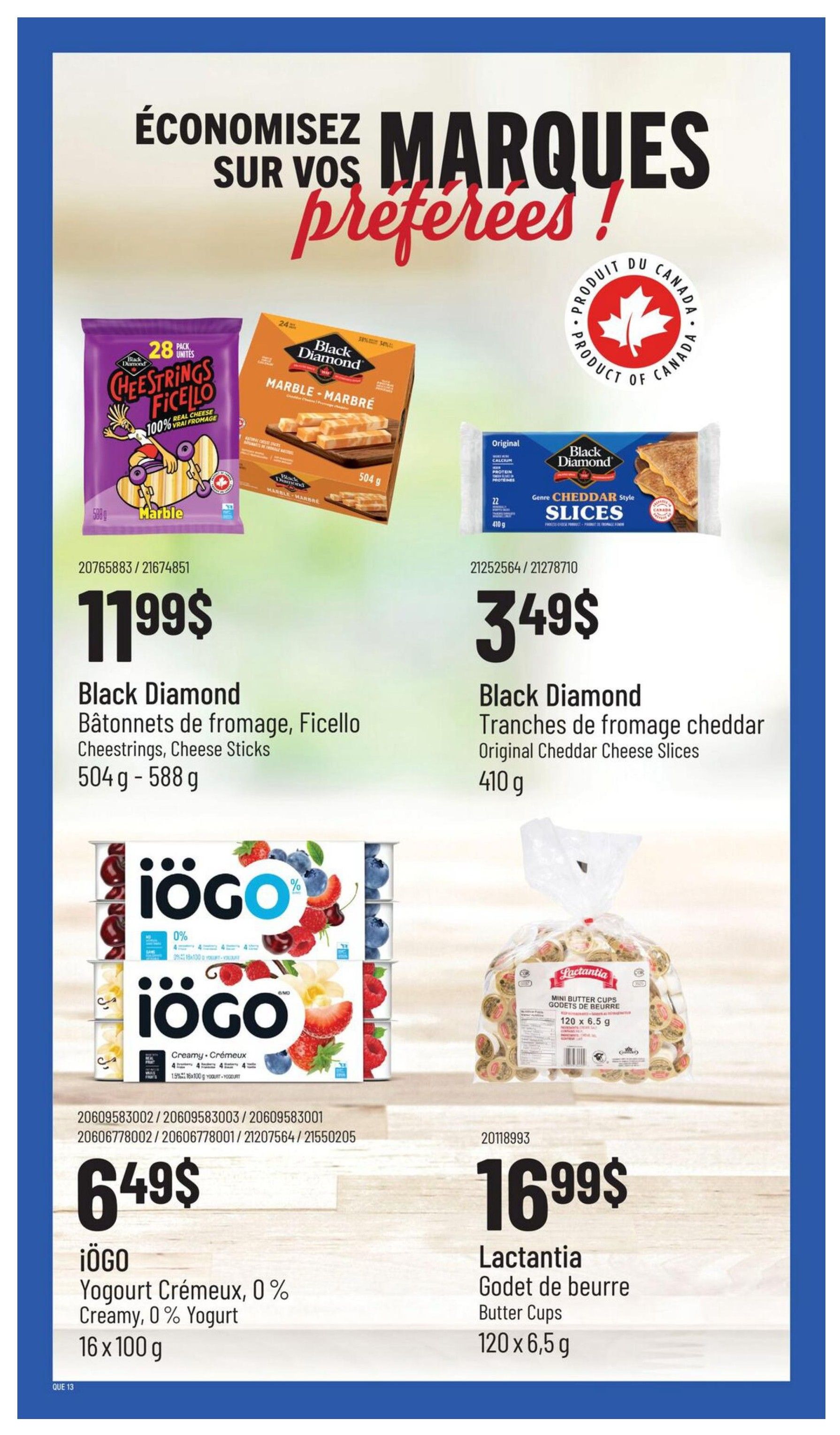 Wholesale Club flyer specials page 19 features Black Diamond Cheestrings Ficello for $11.99 (504g - 588g), Black Diamond Original Cheddar Cheese Slices for $3.49 (410g), iögo Creamy 0% Yogurt multipack for $6.49 (16 x 100g), and Lactantia Butter Cups for $16.99 (120 x 6.5g).