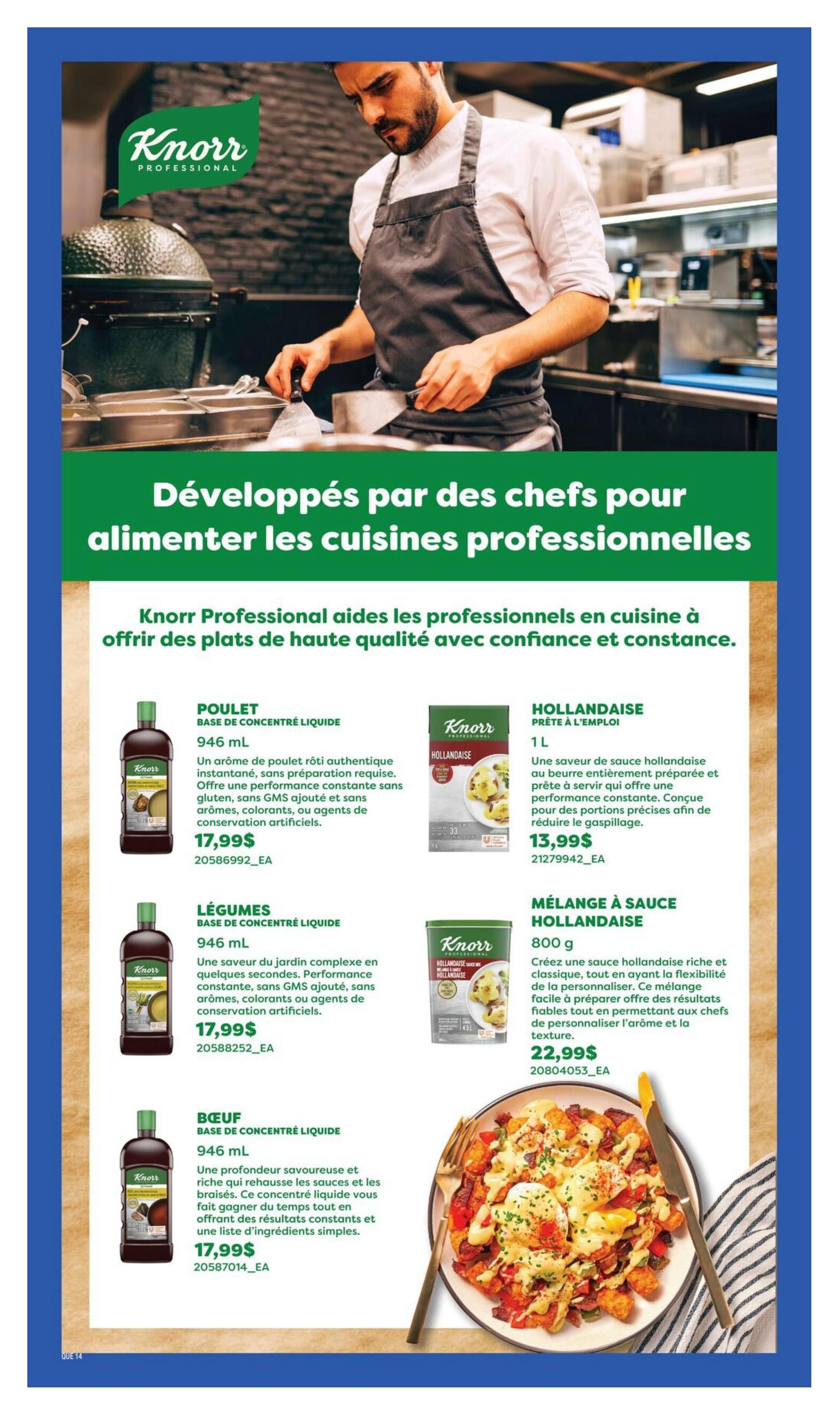 Wholesale Club flyer page 20 features Knorr Professional products for chefs. The page highlights Knorr Professional liquid concentrated bases: Poulet (Chicken) 946 mL for $17.99, Légumes (Vegetable) 946 mL for $17.99, and Bœuf (Beef) 946 mL for $17.99. It also showcases Hollandaise ready-to-use sauce 1 L for $13.99 and Hollandaise sauce mix 800 g for $22.99. The products are described as developed by chefs to deliver high-quality dishes with consistency and confidence, offering authentic flavours and convenience for professional kitchens.